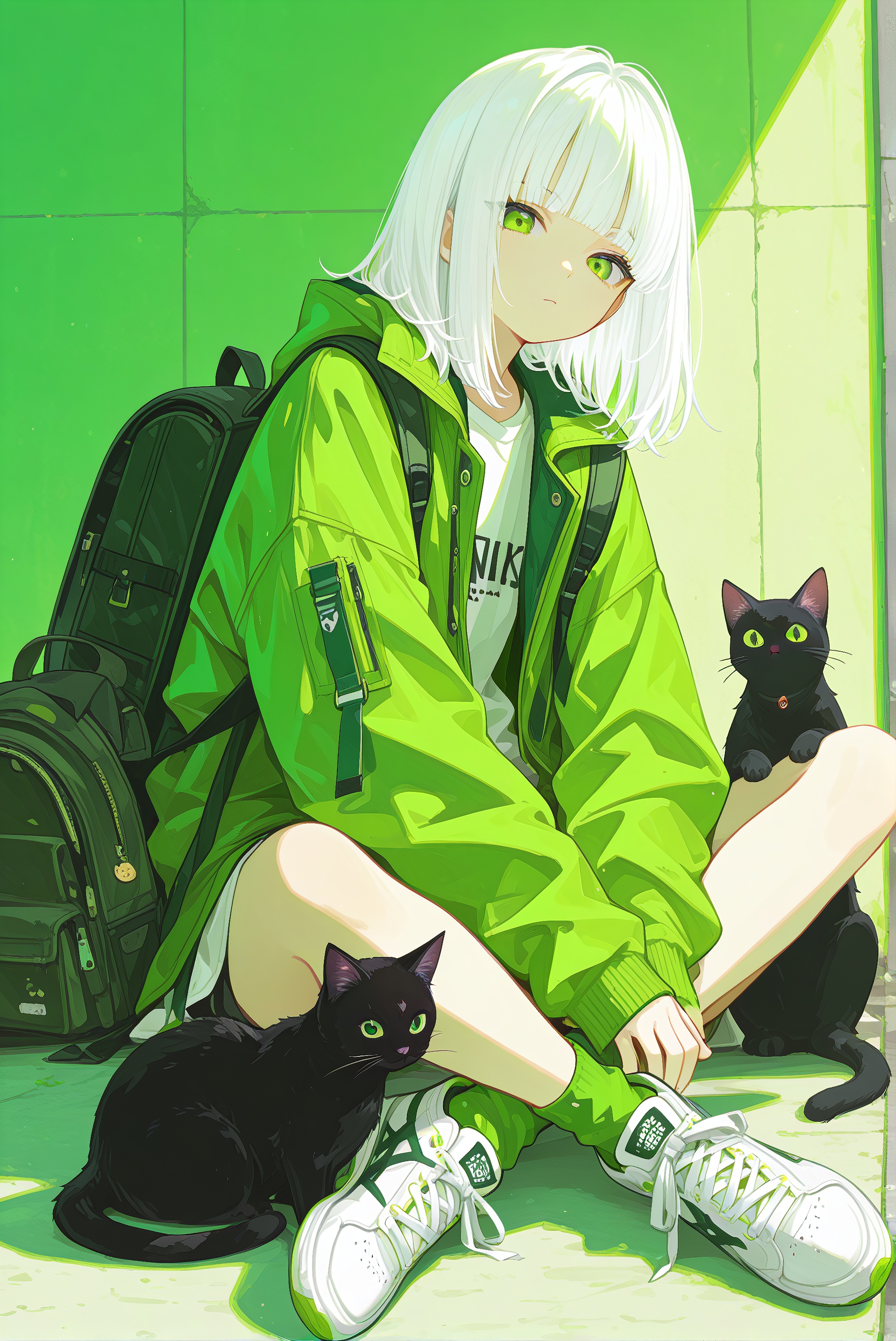 1girl, cat, green eyes, black cat, shoes, white hair, backpack, socks, looking at viewer, jacket, solo, sitting, sneakers, bag, bangs, green jacket, medium hair, animal, green theme, crossed legs, green socks, shirt