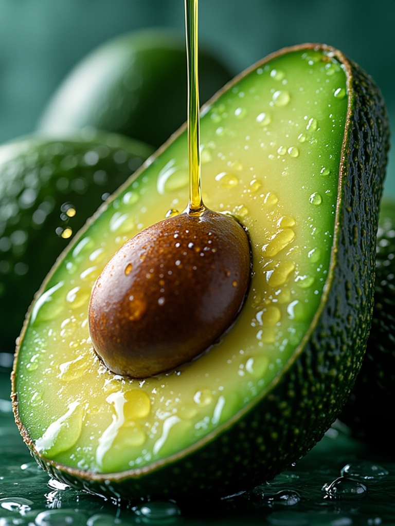 miluo_sgjh,Fruits,water splashes,A close-up photograph of a ripe avocado with water droplets on its surface. The avocado is green in color and has a smooth texture. The center of the avocado is a dark brown color, with a few small droplets of oil on it. The oil is dripping down from the top, creating a droplet-like effect. The background is a soft, blurred green color. The lighting is soft and natural, highlighting the texture of the fruit. The overall mood is peaceful and serene.,,<lora:miluo丨秀色可餐爆汁水果:1>