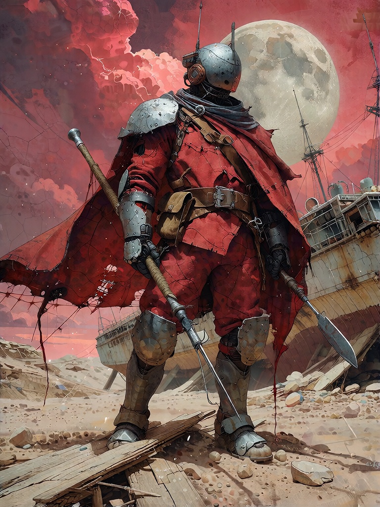 Bradhamel art style. A lone armored warrior stands in a desolate,  cracked desert landscape under a massive crimson sky wi...