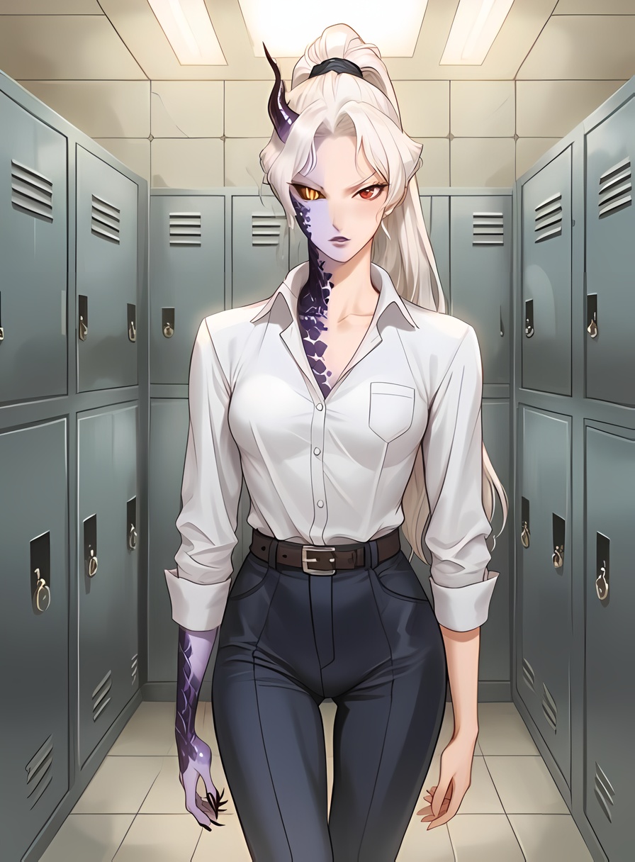 score_9, score_8_up, score_7_up, score_6_up, score_5_up, score_4_up, rating_questionable, rating_explicit, volumetric lighting,BREAK1girl, (corruption, transformation, glowing veins:1.1), white hair, long hair, ponytail, black sclera, yellow eyes, slit pupil, medium breasts, evil eye, scales, demon horn, (demon girl, colored skin,purple skin:1.1), huge claws,   BREAK<lora:WonbinLeeLycoXL:0.6> <lora:OldAnimeStyle_XL_v3:0.4:0.6> <lora:ayami_kojima_castlevania_pony:0:0.4> kojima ayami, castlevania