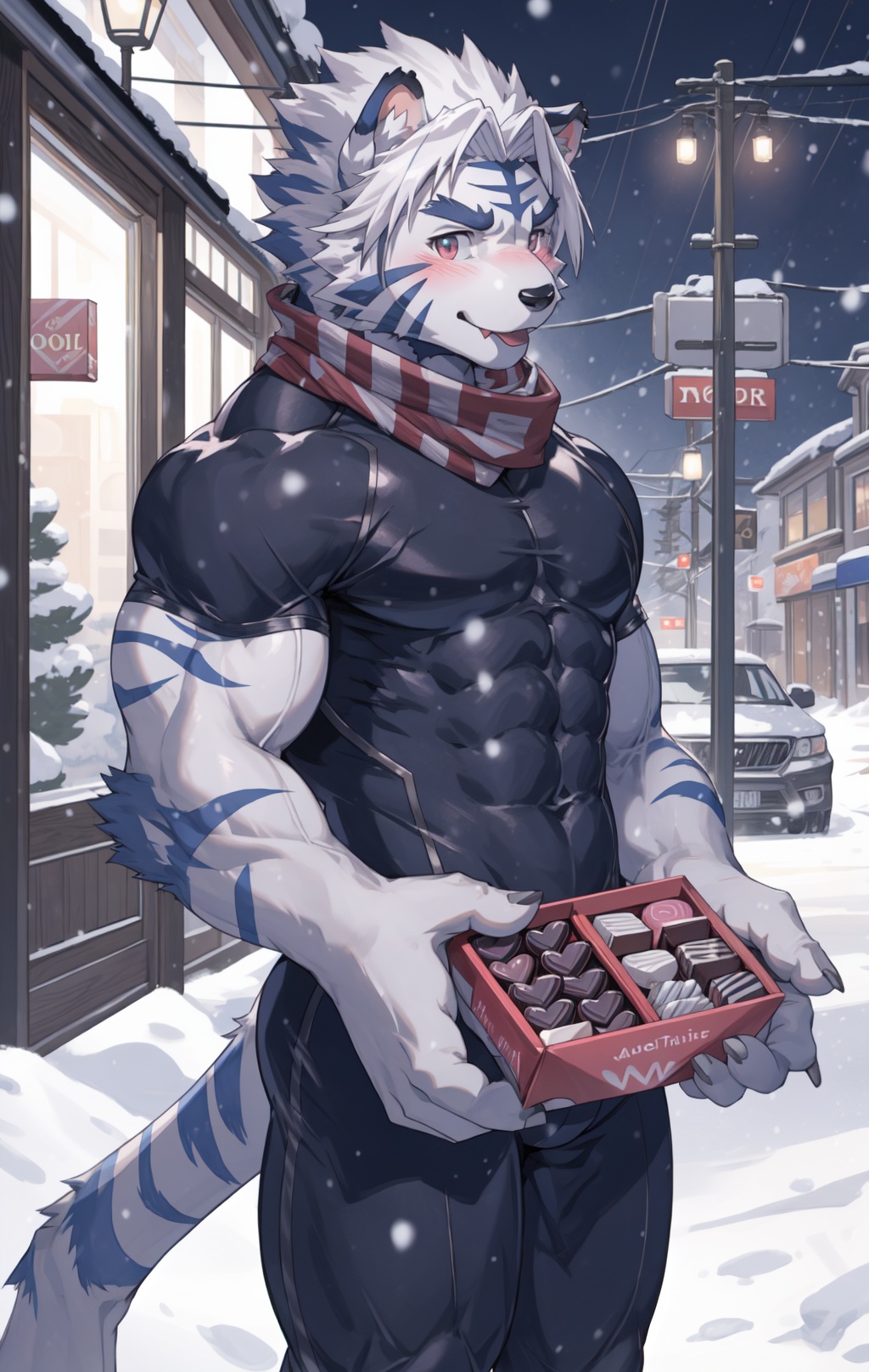 (by null-ghost,by raccoon21,masterpiece,high quality),<lora:KogentaFRL27nO:1>,anthro,kogenta /(Onmyou Taisenki/),male,muscular,tiger,(white fur,blue stripe,white tiger print ),tiger tail,tongue out,blush,fang,(((standing,))),((holding box of chocolates,5 fingers )),(((scratching head))),(black bodysuit),scarf,(bulge:0.7),night,street,snowing,looking at viewer,Valentine's Day,valentine,