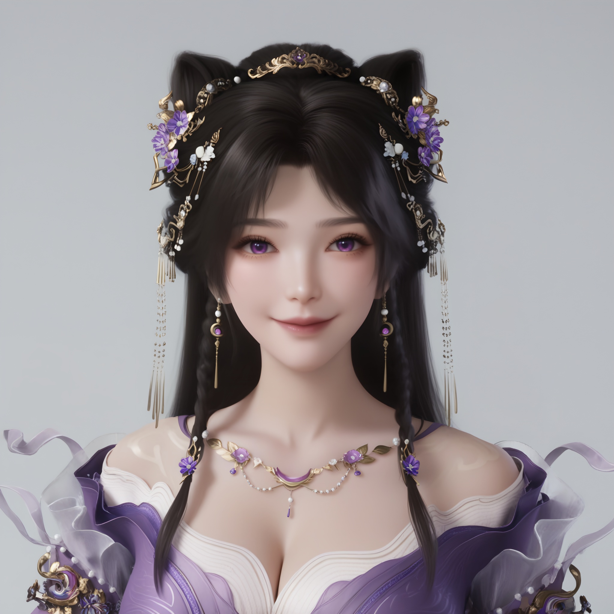 (score_9),light blush,light smile,1girl,solo,<lora:姬紫月-Apony-000008:0.85>,jiziyue,jewelry,hair ornament,black hair,hair flower,long hair,double bun,braid,earrings,off-shoulder dress,purple dress,necklace,purple eyes,collarbone,cleavage,large breasts,BREAKsolo focus,upper body,front view,<lora:e肤色滑块:0.8>,(light_skin),(white_skin),BREAKsimple background,white background,