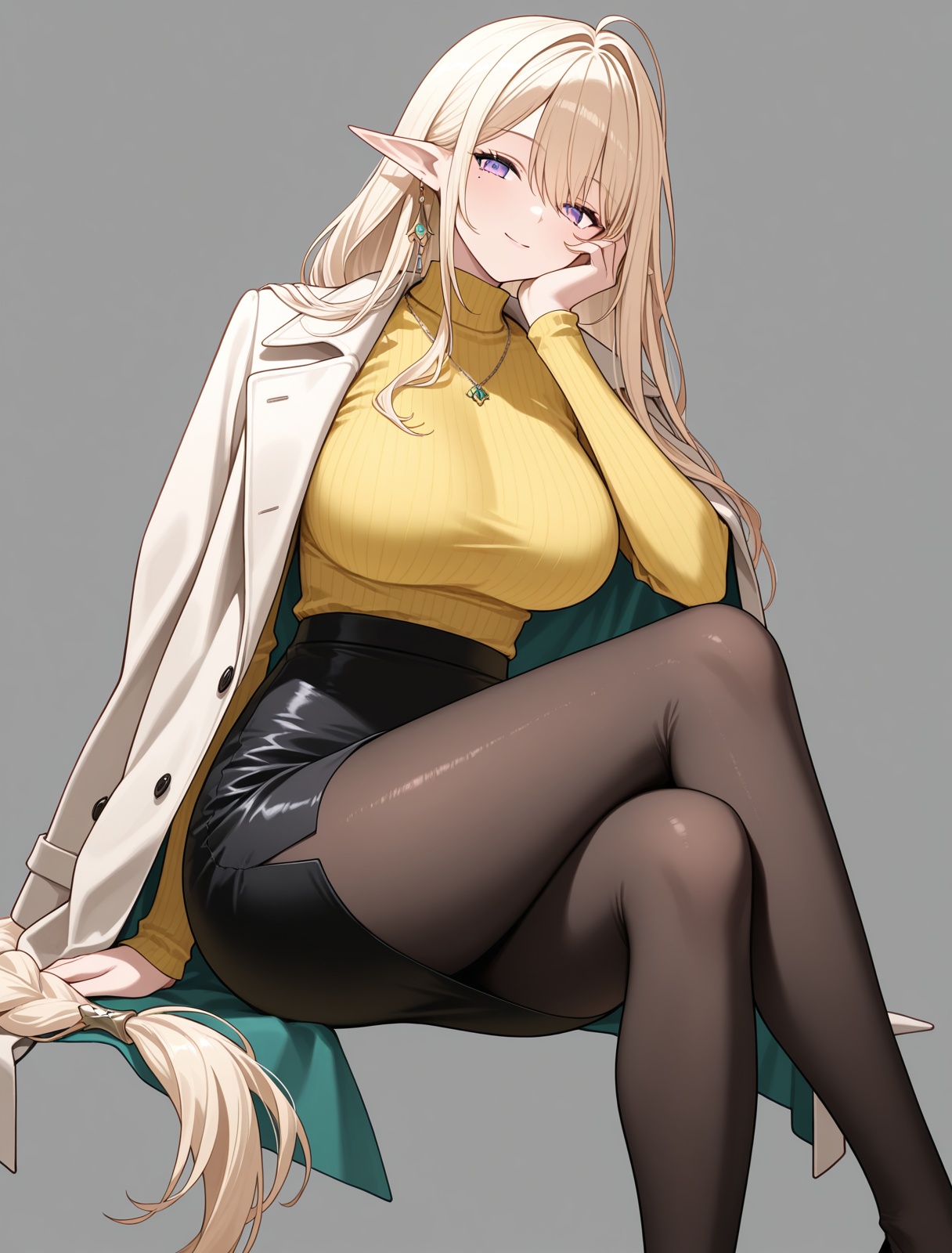 <lora:gouden_leeuw_IL_v1.0:1>,gouden leeuw,yellow turtleneck,pencil skirt,pantyhose,coat,fashion,invisible chair,smile,crossed legs,hand on own cheek,, masterpiece,best quality,