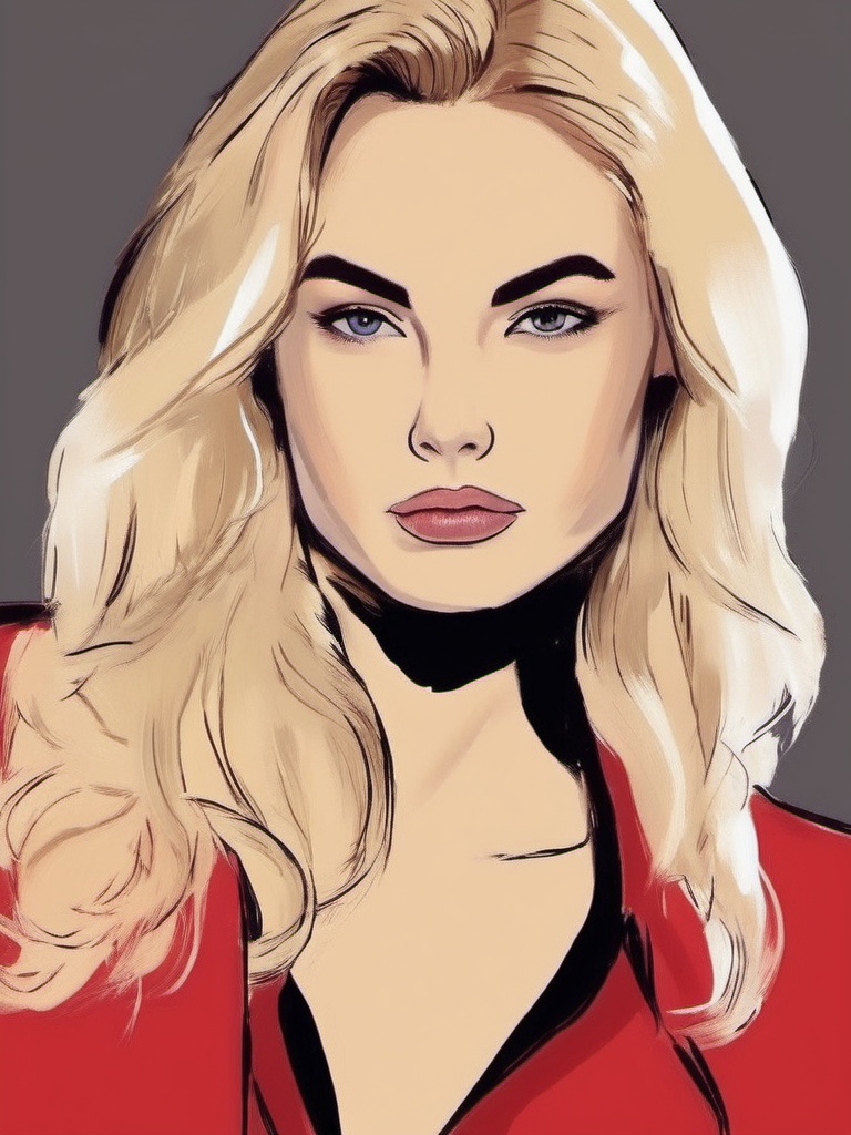 1NK ,  The image a digital illustration of a young woman with blonde hair. She is wearing a black blazer over a red top an...