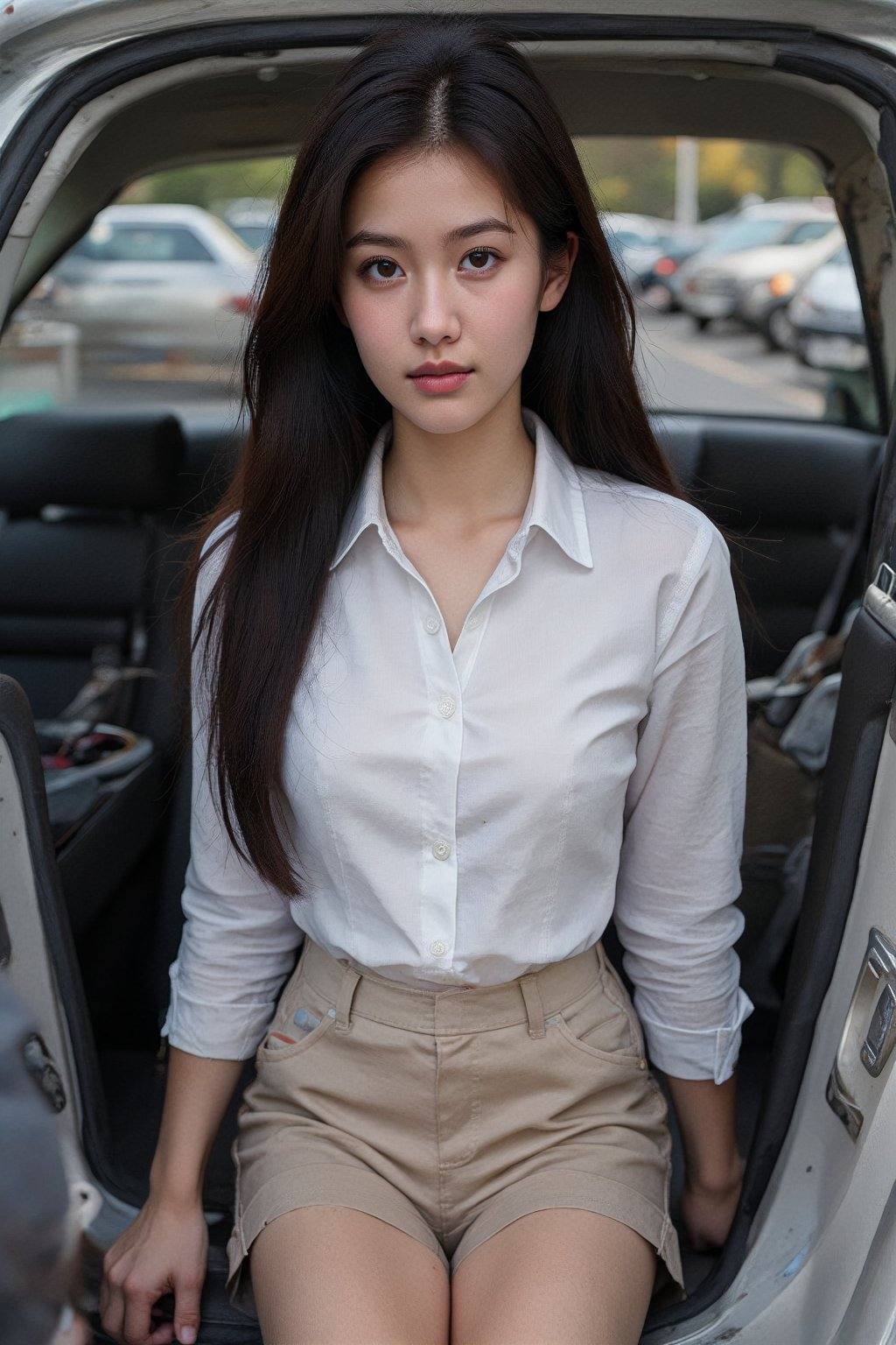 Create an image of a young woman sitting inside a car,  partially leaning out of the open door. She has long,  straight bl...