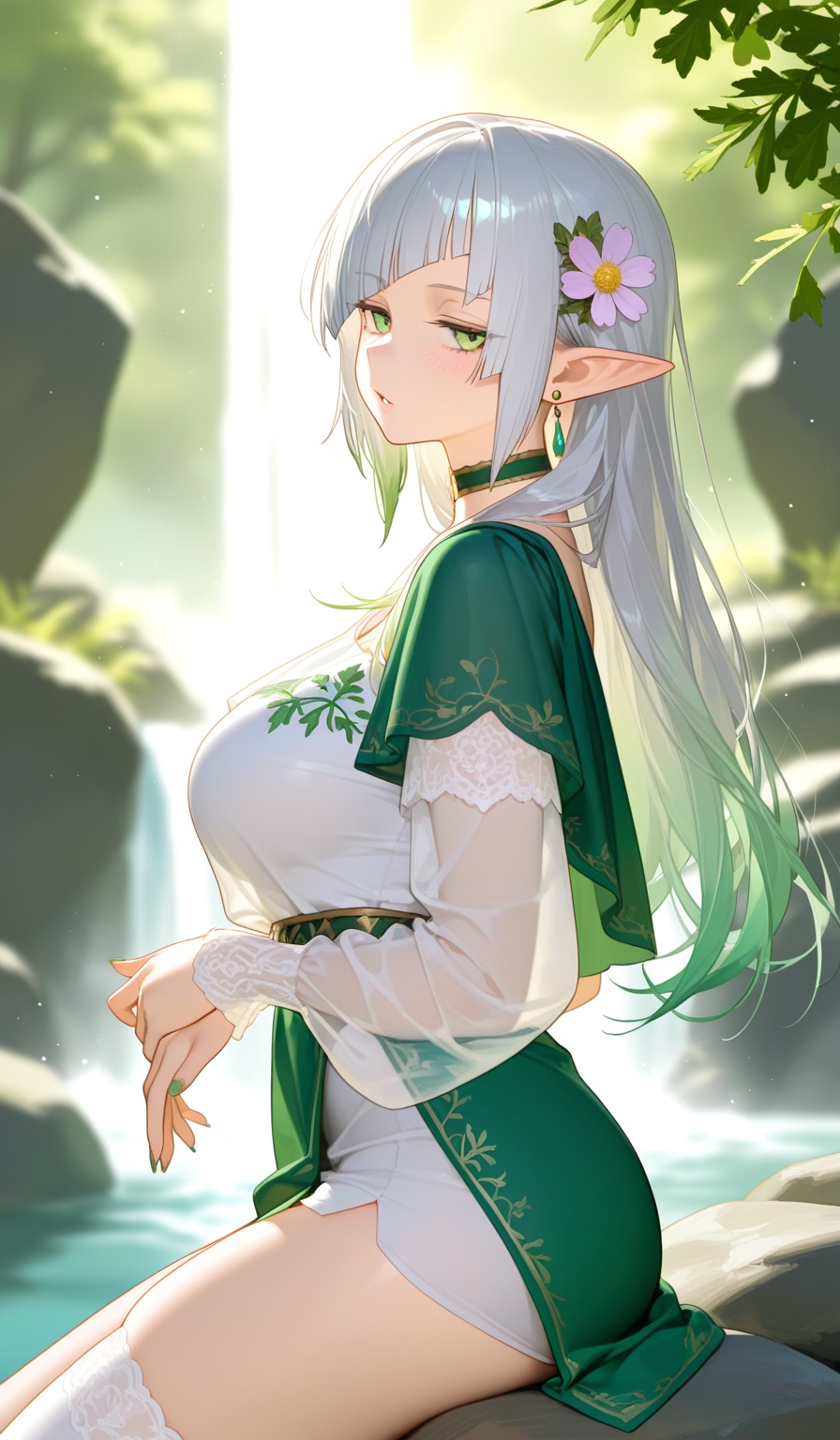 <lora:えーあい-Style:1>,(upper body:1.3),1girl,solo,elf,milf, green eyes,silver hair,green gradient hair,green fingernails,long hair,(diagonal bangs:1.3),large breasts,sidelocks, greco-roman clothes,white shirt,short sleeves,(short over long sleeves),single bare shoulder,hair flower,cosmos,miniskirt,see-through sleeves,side cape,choker,side slit,layered dress,single thighhigh,white thighhigh,eardrop, upper body,light blush,looking at viewer,jitome,parted lips,sitting,from side, waterfall,rock,nature,depth of field,blurry background,backlighting,light particles,Leaf embroidery.,