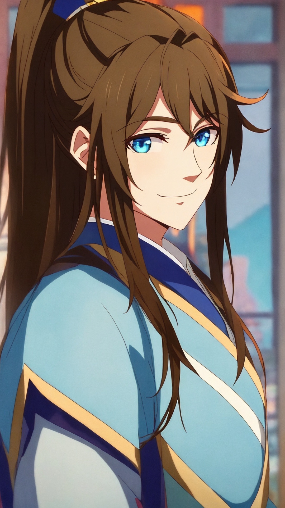 1boy, male focus, solo, long hair, blue eyes, brown hair, smile, ponytail, upper body, hair ornament, high ponytail, chinese clothes<lora:boy baixiaochun_20240911193625:0.7>,