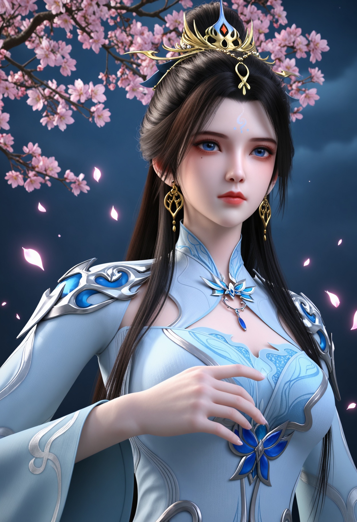 (upper_body:1.2),(looking at viewer:1.1),masterpiece,(best quality),smog,Dark room,dim lighting,peach blossom,falling petals,<lora:YQ_Illustrious光辉v5_姬凝霜_服装2_V1:0.8>,q1528437228,1girl,solo,long hair,hair ornament,black hair,jewelry,earrings,dress,blue eyes,forehead mark,hair bun,white dress,chinese clothes,long sleeves,blue dress,brown hair,single hair bun,necklace,wide sleeves,mole,collar,mole under eye,boots,