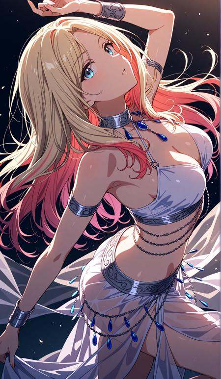 solo,1girl, juo sena, gakuen idolmaster,best quality, good quality,medium breasts, white dancer, dancing, dim lighting,  simple background, cleavage, see-through clothes, motion blur, looking up, parted lips, sideways glance, multicolored hair,