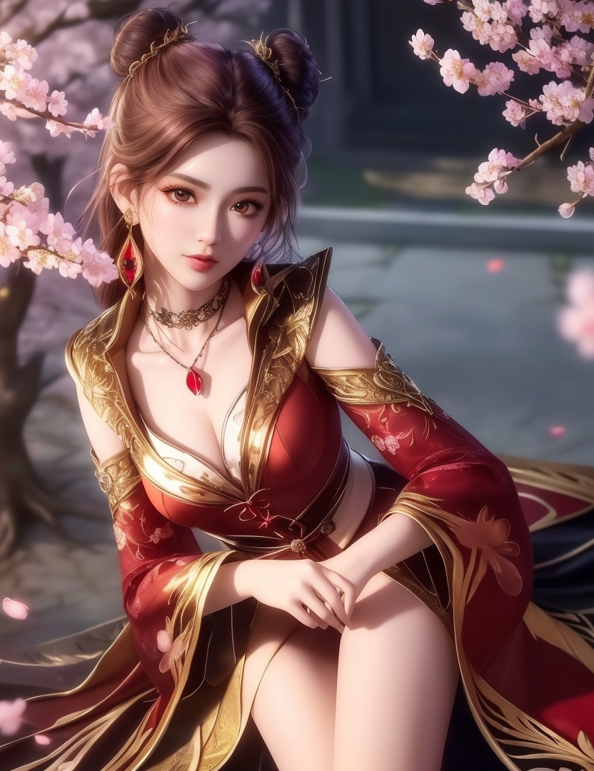 ultra realistic 8k cg, picture-perfect face, flawless, clean, masterpiece, professional artwork, famous artwork, cinematic lighting, cinematic bloom, perfect face, beautiful face, fantasy, dreamlike, unreal, science fiction,  beautiful clothes, lace, lace trim, lace-trimmed legwear,  (rich:1.4), prestige, luxury, jewelry, diamond, gold, pearl, gem, sapphire, ruby, emerald, intricate detail, delicate pattern, charming, alluring, seductive, erotic, enchanting, hair ornament, necklace, earrings, bracelet, armlet,halo((,1girl, pov,))(((cherry_blossoms, branch, 1girl, tree, spring_\(season\), solo, petals, black_hair, japanese_clothes,looking at viewer, )))    <lora:DA_MaXiaoTao:0.6>