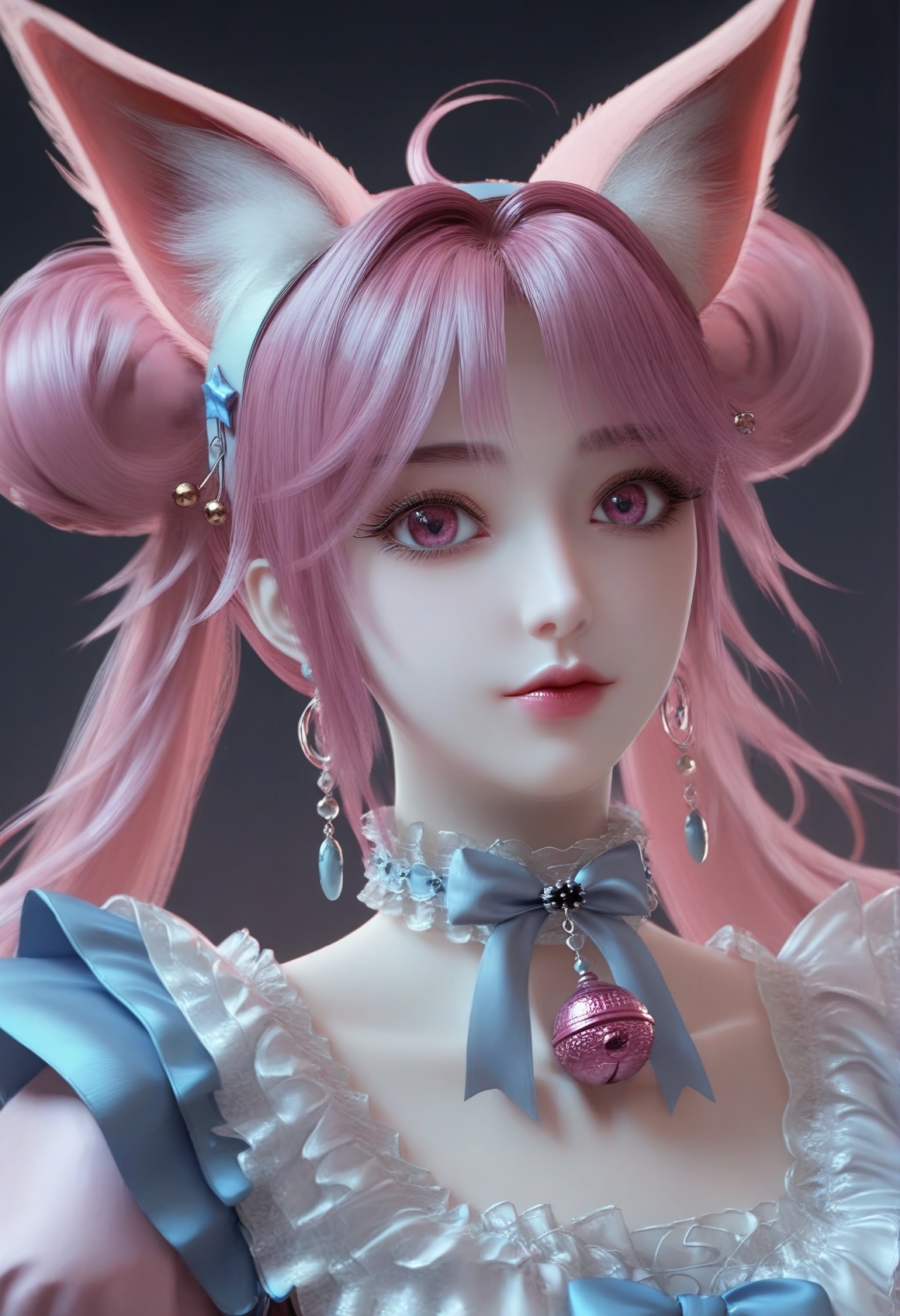 (score_9),<lora:小狸-Apony-000008:0.85>,xiaohuli,solo,animal ear fluff,fox ears,double bun,long hair,twintails,pink hair,ahoge,hairband,earrings_ring,lipstick,choker,neck bell,frills,jewelry,earrings,maid dress,bow,belt,blue sash,<lora:perfect-eyes:0.8>,pink eyes,(mature_female:1.1),mature,collarbone,<lora:e色温:0.5>,(white_skin),(fair_skin),<lora:e肤色滑块:0.5>,front view,simple background,(huge filesize:1.1),(wallpaper:1.1),(game cg:1.1),rim light,<lora:Expressive_H:0.8>,<lora:detailed_notrigger:1>,<lora:皮肤凹痕:1.2>,
