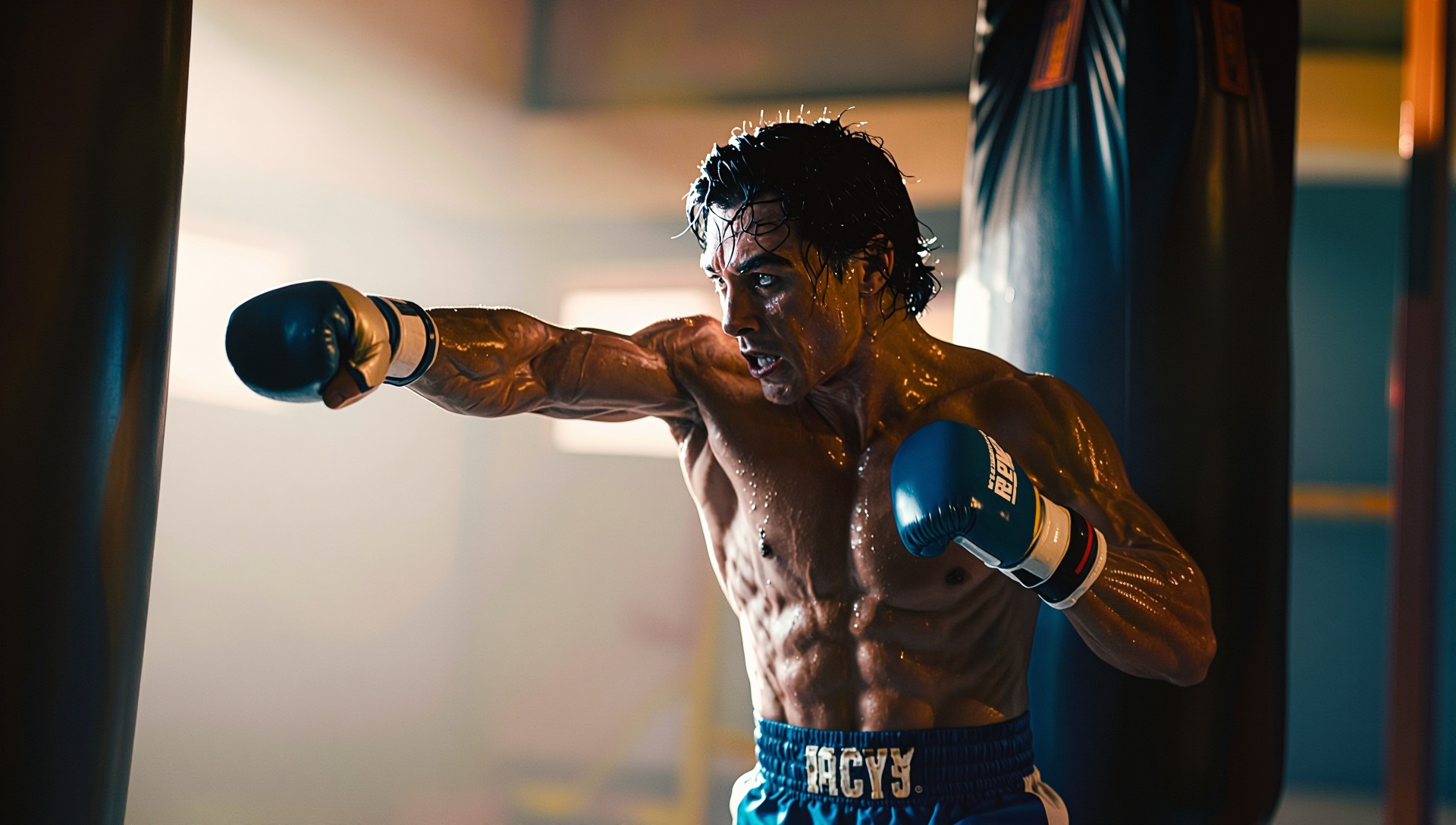 Rocky Balboa training in a gritty gym,  sweat dripping as he punches the heavy bag,  cinematic framing emphasizing determi...