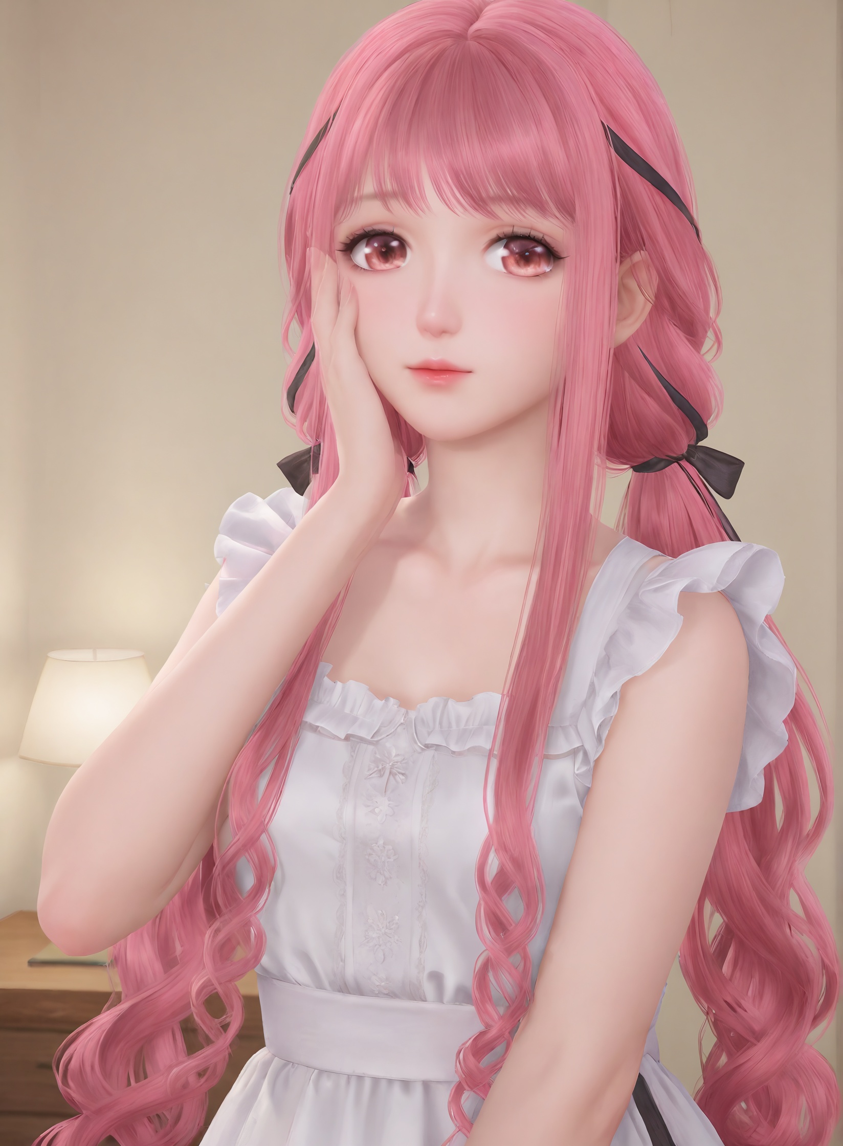 <lora:暖暖pony a:0.5>,realistic,mature female, wavy hair,hair ribbon,nikki_(nikki),twintails, pink hair,very long hair,
