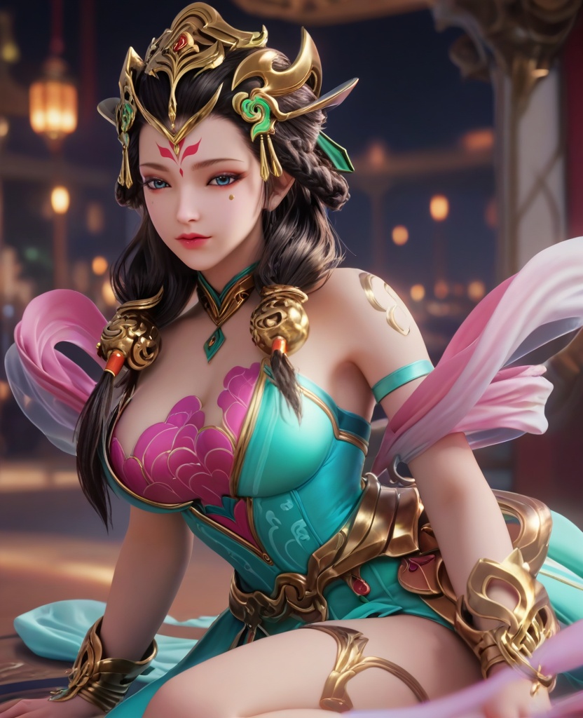 (oriental architecture, elegant decor, sophisticated style:1.1),(indian style:1.1),(large breasts:1.2),(veil:1.1),<lora:XL16王者荣耀杨玉环:0.95>,miss yangyuhuan,green stain mermaid evening gown,pink bra,blue eyes,mole under eye,eyeshadow,forehead mark,black hair,long hair,braid,hair ornament,makeup,bare shoulders,pink silk shawl,bracelet,belt,anklet,, score_9,score_8_up,score_7_up,score_6_up,score_5_up,score_4_up,3d rendering,tag1,tag2, Cinematic Lighting,backlighting,, zPDXL3, zPDXL2,zPDXL, zPDXLxxx, zPDXLrl,