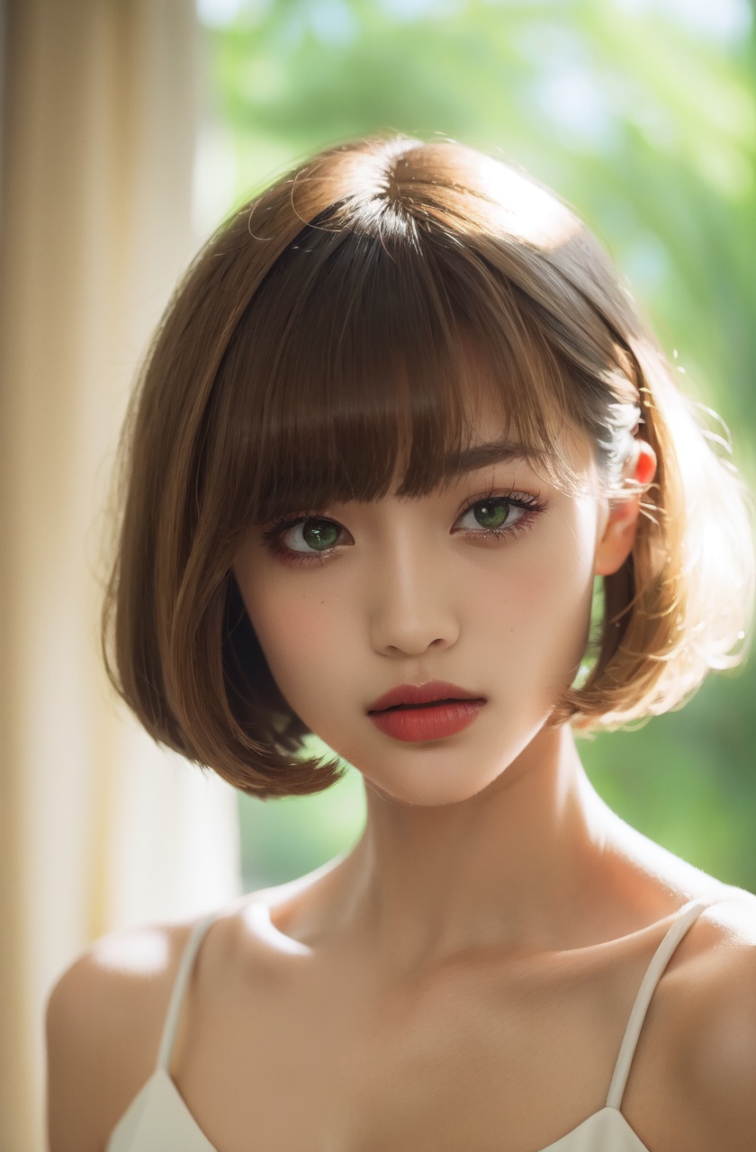 masterpiece,best quality,(absurdres:1.2),1girl,white hair,green eyes,lipstick,portrait,expressionless,closed mouth,bob cut,short hair,makeup,eyelashes,cleavage,white dress,neck ribbon,
