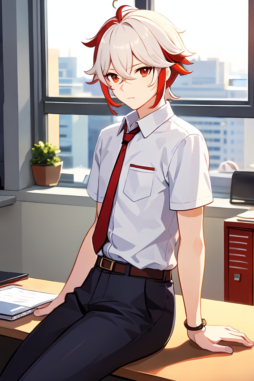 masterpiece,best quality,light,(in office:1.3),kaedehara kazuha,1boy,male focus,solo,red eyes,multicolored hair,bangs,streaked hair,red hair,looking at viewer,hair between eyes,suit,sitting,from side,<lora:kazuha:0.7>,