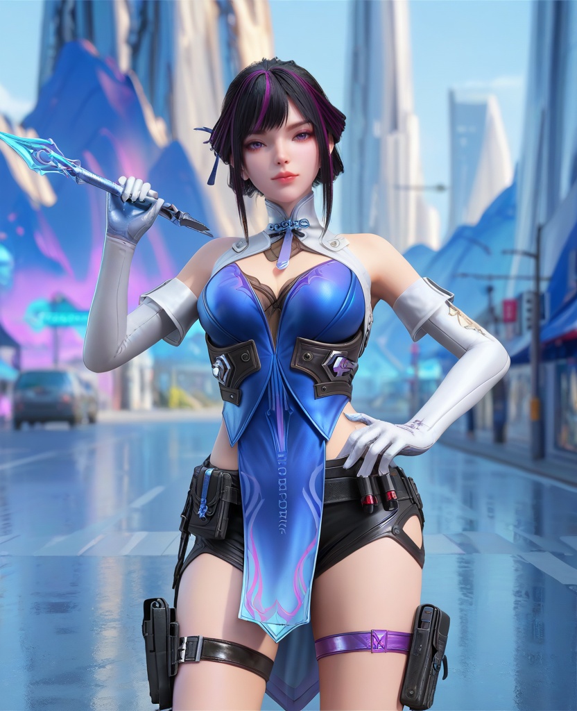 (oriental architecture, elegant decor, sophisticated style:1.1),(Legs apart, one hand on her hip and the other raised as if holding a bow, she channels the spirit of a legendary warrior:1.1),(breasts:1.2),<lora:XL16穿越火线虹儿潜伏者:0.95>,miss honger,blue corset,black lace bra,purple eyes,half updo with sidelocks,black hair,streaked hair,white glove sleeves,white collar,sash,black shorts,blue pelvic curtain,thigh strap,, score_9,score_8_up,score_7_up,score_6_up,score_5_up,score_4_up,3d rendering,tag1,tag2, Cinematic Lighting,backlighting,, zPDXL3, zPDXL2,zPDXL, zPDXLxxx, zPDXLrl,