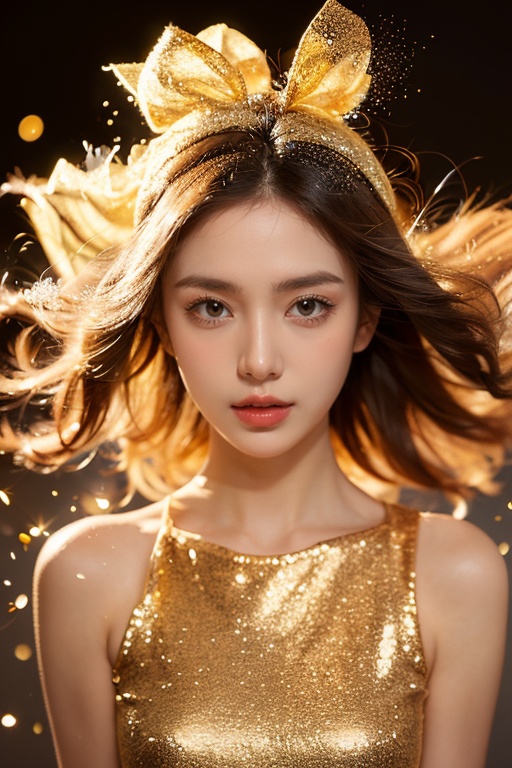 (1girl:1.1),stars in the eyes,(pure girl:1.1),(full body:0.6),There are many scattered luminous petals,contour deepening,white_background,cinematic angle,gold powder,<lora:jin_20231226224140-000003:0.7>, 