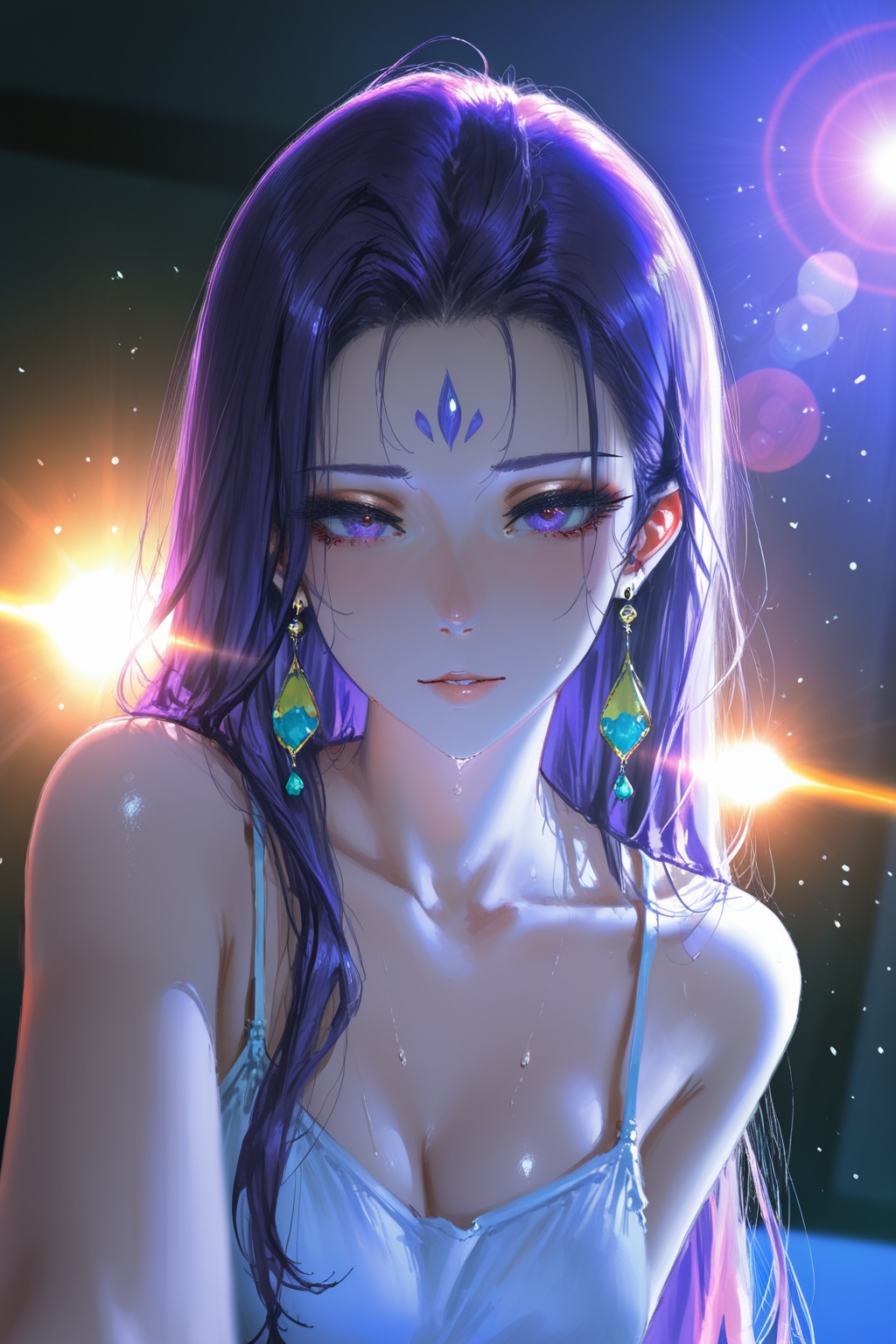 Detail enhancement,depth of field,cinematic lighting,light particles,lens flare,masterpiece,best quality,amazing quality,very aesthetic,absurdres,best quality,newest,(artist:quasarcake:0.8),extreme aesthetic,(wlop:0.9),masterpiece,best quality,good quality,newest,year 2024,year 2023,very aesthetic,absurdres,A shot with tension,impactful picture,official art,colorful,splash of color,movie perspective,dynamic pose,foreshortening,extreme perspective,<lora:合欢宗主:0.8>,1girl,solo,purple hair,long hair,purple eyes,jewelry,looking at viewer,earrings,forehead,forehead mark,facial mark,