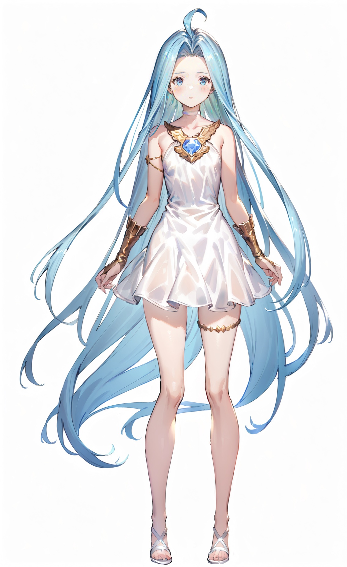 8k, best quality, masterpiece, (ultra-detailed), (high detailed skin), (white background:1.5),(full body), (white background), standing, looking at viewer, (solo),<lora:GBFV1-A3-Tanger-000013:0.75>,lyria (granblue fantasy), lyria's def-dress, 1girl, long hair, dress, solo, blue eyes, very long hair, white dress, ahoge, thighlet, blue hair, full_shot,