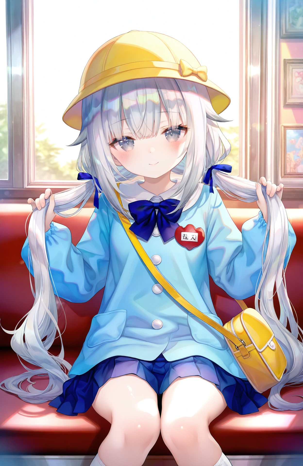 masterpiece,absurdres,best quality,petite,high quality,chromatic_aberration,shiny_skin,//,1girl,kindergarten uniform,solo,school hat,skirt,long hair,smile,hat,sitting,looking at viewer,yellow headwear,twintails,socks,grey eyes,low twintails,name tag,shirt,bag,blue shirt,ribbon,blue skirt,holding hair,white socks,very long hair,long sleeves,closed mouth,pleated skirt,white hair,grey hair,hair ribbon,bow,holding,yellow bag,kneehighs,blue ribbon,shoulder bag,blue bow,virtual youtuber,blush,bowtie,//,artist:misyune,(artist:azuuru),(artist:torino aqua),(artist:fuzichoco),artist:kedama milk,(aestivation:1),shitsurakuen_(paradise_lost),