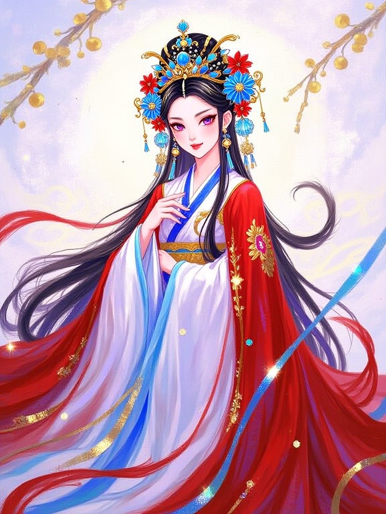 jbch, long hair, chinese clothes, blue flower, red eyes, 1girl, jewelry, hair ornament, flower, red_cape, sfw, solo, hair_flower, red lips, chinese, red flower, cape, blue hair, traditional chinese clothes, blue eyes, blue flower, very long hair, red flower, lips, earrings, hair down, long sleeves, purple eyes, photoshop_(medium), purple hair<lora:S-T-岩彩国风_S1.5:1>