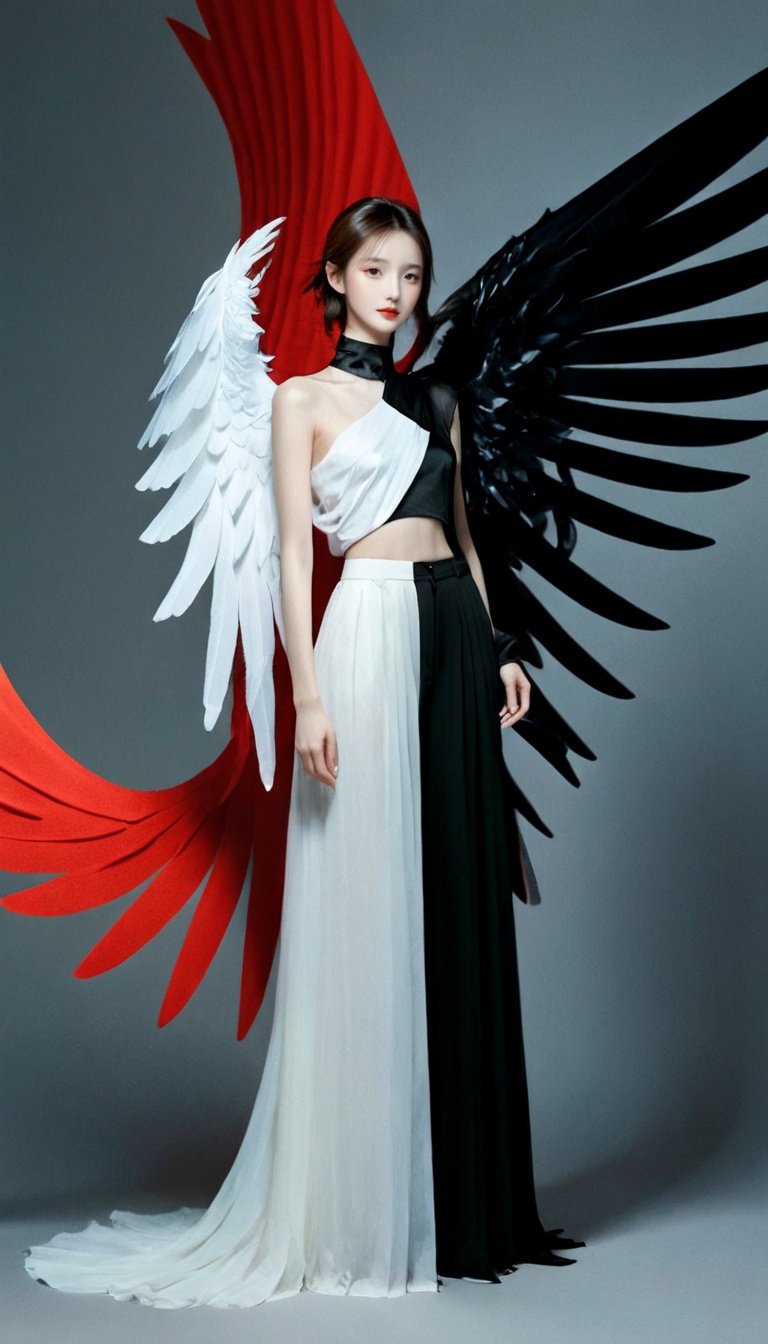 <lora:xl-shanbailing-0112yin_yang:0.8>,(1girl:1.2),wings,(solo:1.2),left and right different colors,color patches,contrast,concept clothing,garment draping,black,red,