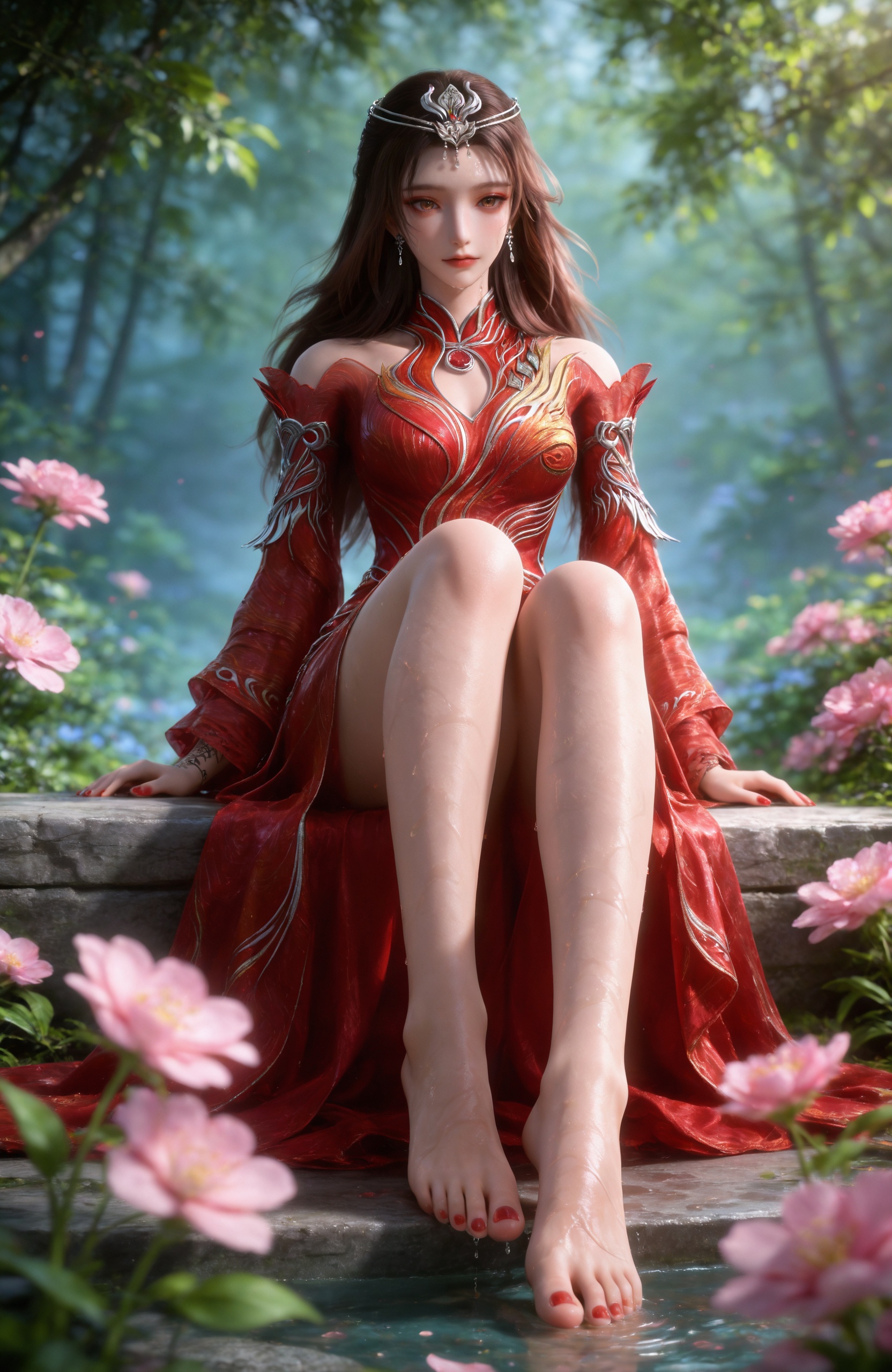 <lora:神墓3-灵尸雨馨IL:0.8>1girl,  long hair, brown hair, hair ornament, dress,  jewelry, bare shoulders, earrings, detached sleeves, clothing cutout, bare legs,  red nail polish,red dress, tiara, arm tattoo,, stairs,pink flower,bare legs,toes,smooth skin,barefoot,blurry,sitting,full body,feet focus,foot focus,legs up,Wet feet,