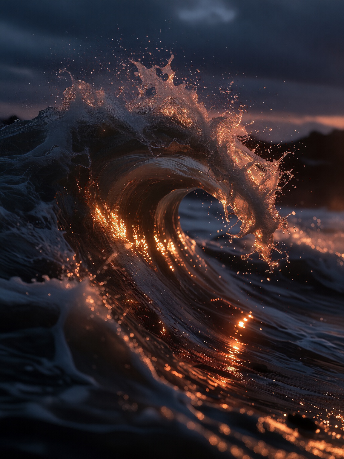 A dramatic,  curling ocean wave captured mid-crash against a deep indigo night sky,  its crest glowing with fiery golden-o...