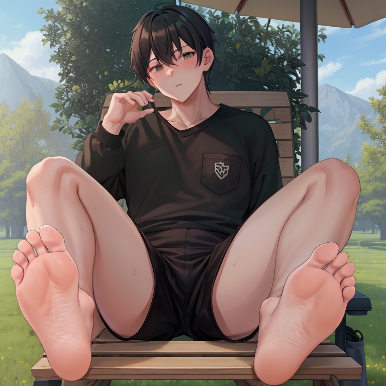 a cozy warm photo of manly villager man showing his feet on bench,  foot_focused,  wearing black boxer-shorts on Tensor.Art