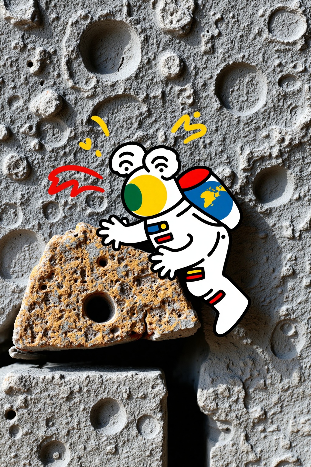 beijihui,A holographic sticker of an astronaut koala climbing lunar rocks,its visor reflecting Earth with cartoon continents. The background features realistically photographed moon surface craters,