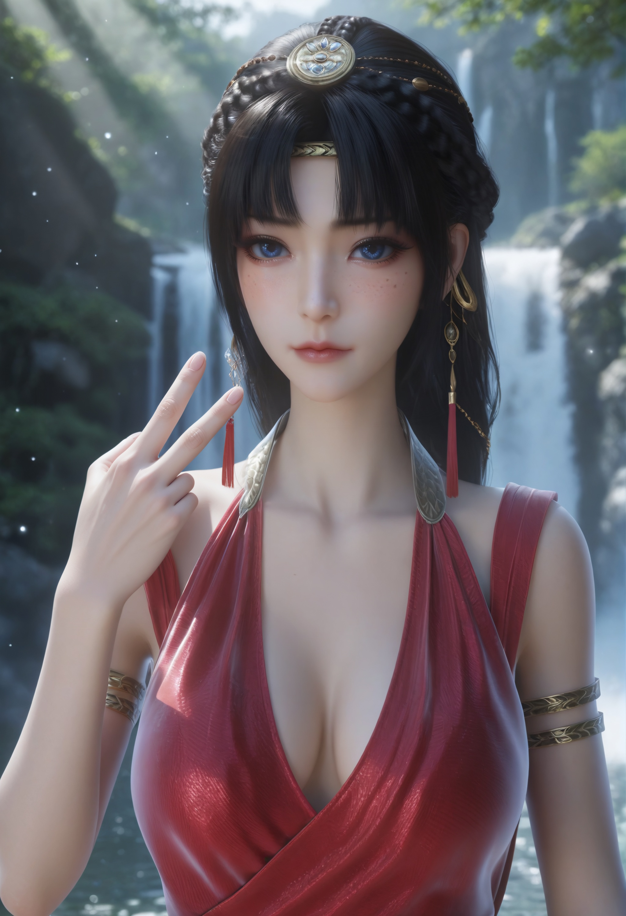 (score_9),upper body,<lora:研丽-Apony:0.83>,yanli,solo,black hair,braid,hair ornament,armlet,freckles,blue eyes,bangs,sleeveless dress,looking at viewer,(middle_finger:1.1),middle finger,1girl,skinny,mature,glamor,collarbone,large breasts,outdoors,waterfall,light rays,light particles,softened light,<lora:perfect-eyes:0.8>,<lora:e色温:0.5>,<lora:Expressive_H:0.8>,<lora:e肤色滑块:0.5>,<lora:SkinRealityOrg_ponyv6_loraplus:0.2>,real skin,