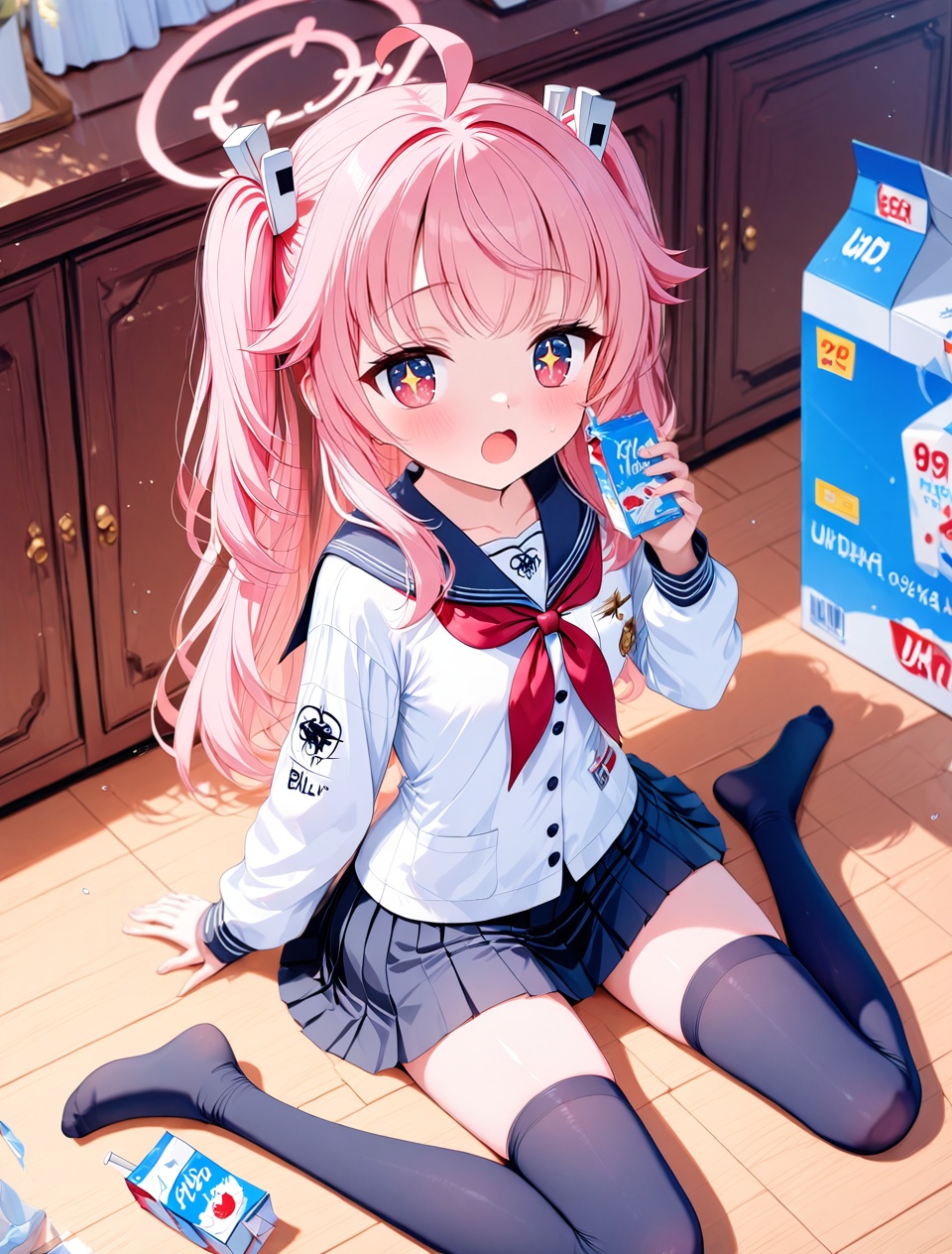 O,Five fingers,natsu (blue_archive),1girl,thighhighs,milk carton,pink hair,halo,long hair,ahoge,school uniform,open mouth,solo,sitting,black thighhighs,wariza,red eyes,juice box,+_+,looking at viewer,skirt,neckerchief,sailor collar,serafuku,symbol-shaped pupils,long sleeves,red neckerchief,hair ornament,zettai ryouiki,(UHD),anatomically correct,accurate,textured skin,super detail,high details,award winning,best quality,high quality,retina,HD,16k,1080P,