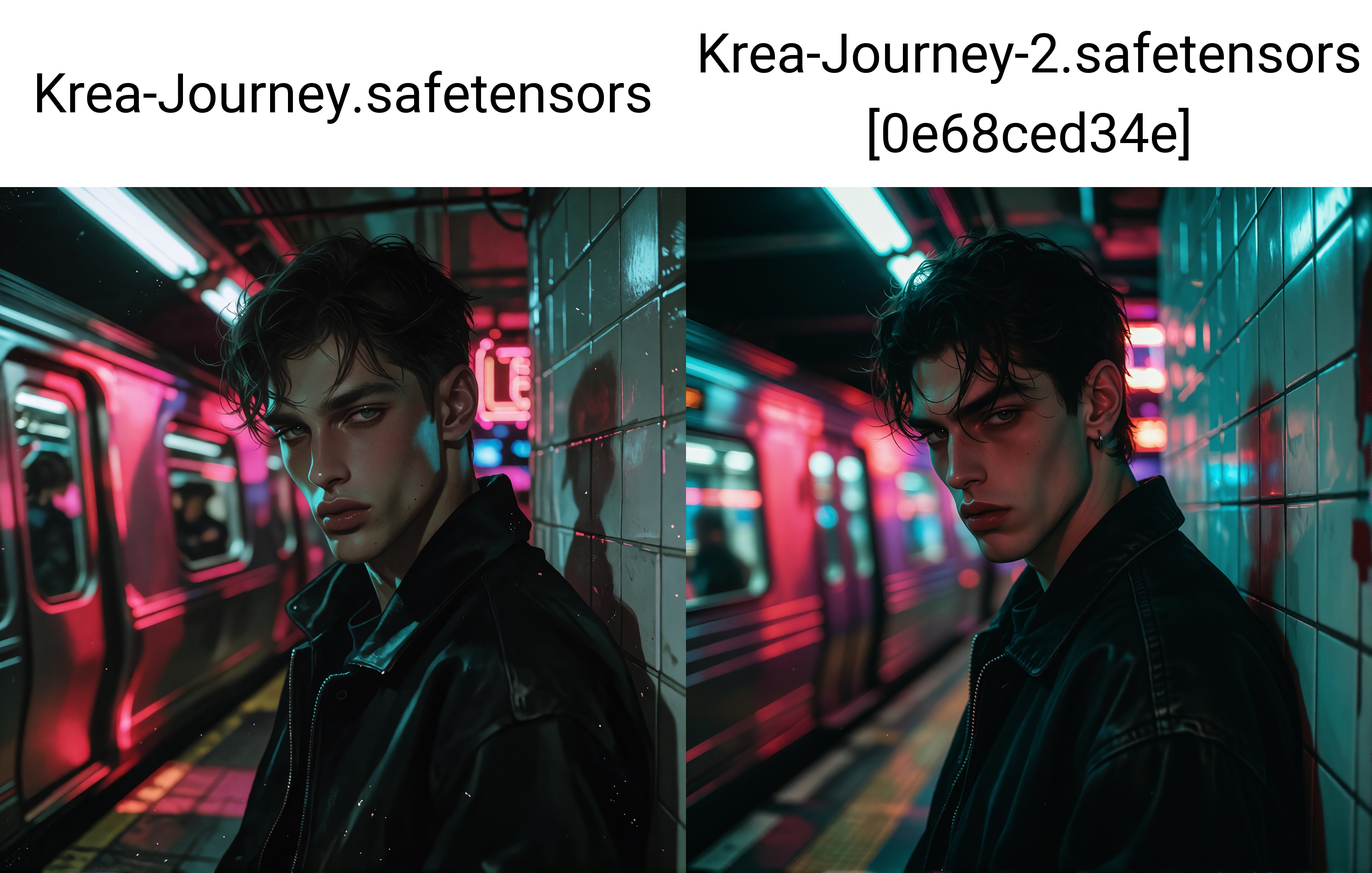 Cinematic portrait of a young man leaning against a tiled subway wall,  three-quarter profile with head slightly turned to...