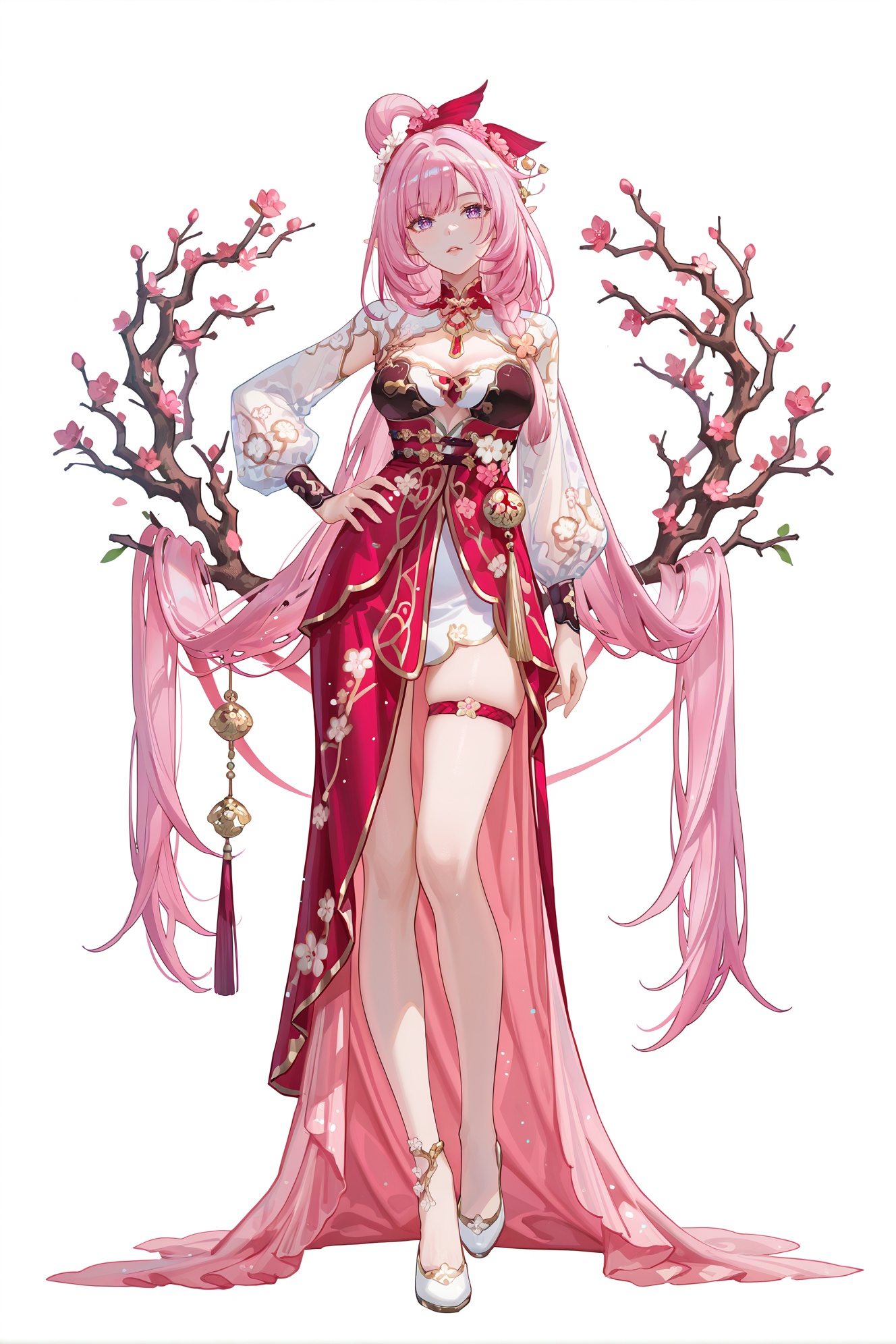 8k,best quality,masterpiece,(ultra-detailed),(high detailed skin),((artist:reoen),(artist:fuzichoco),(artist:atdan),(artist:torino_aqua),year 2024:0.8)1girl,[artist:wlop],[artist:ningen_mame],artist:ciloranko,[[artist:rhasta]],artist:tidsean,colorful,full body,full shot,standing,(solo:1.2),simple background,(white background:1.2),hand on own hip,(white background:1.1),looking at viewer,<lora:Elysia-ill-Tanger:0.9>,elysia \(honkai impact\), Elysiacn, clothes: Elysiacn red-and-pink chinese dress, Elysiacn hair ornament, 1girl, pink hair, pointy ears, breasts, long hair, elf, purple eyes, flower, bangs, hair flower, Peach branch with peach blossom