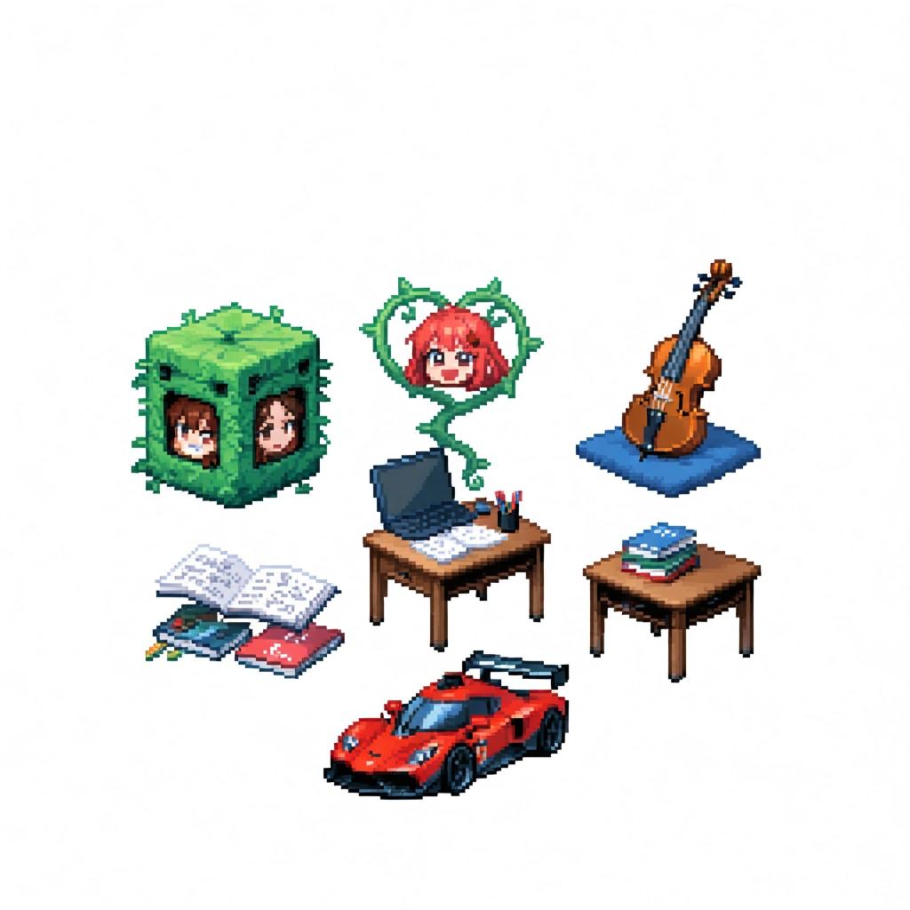 Retro pixel art game illustration in anime style,  isometric view,  collection of items: expressive face sticker on Tensor...