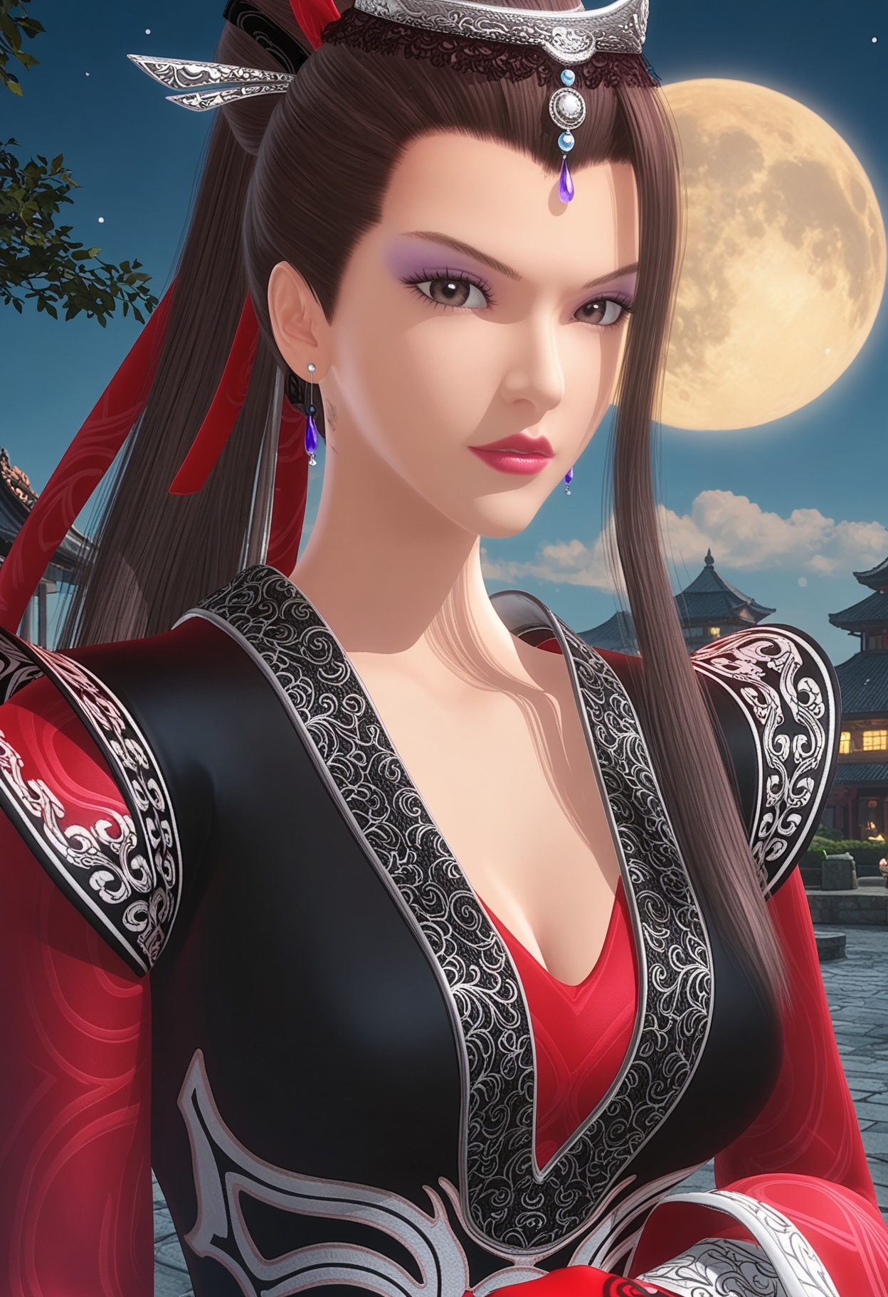 perfect_anatomy,(score_9:1.1),(upper_body:1.1),looking_at_viewer,<lora:YQ_pony_dashiming_V4:0.8>,q1528437228,solo,1girl,brown hair,jewelry,earrings,long hair,makeup,hair ornament,brown eyes,chinese clothes,gloves,dress,long sleeves,ponytail,lipstick,breasts,black hair,eyeshadow,red gloves,pantyhose,cleavage,wide sleeves,ribbon,hat,hair ribbon,perfect_anatomy BREAK (perfect_anatomy:1.1),mature female,(full_moon,:1.1),(shiny_skin),(Ivory_skin:1.1),(cinematic lighting),