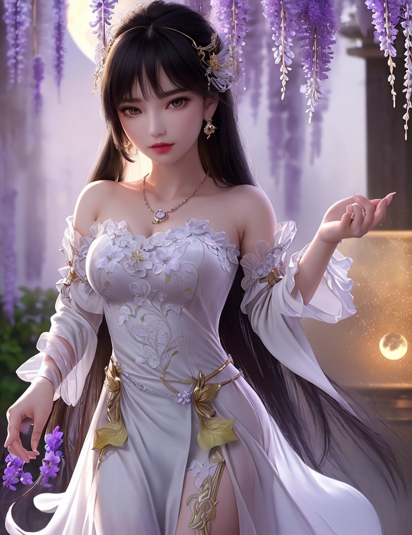 ultra realistic 8k cg, picture-perfect face, flawless, clean, masterpiece, professional artwork, famous artwork, cinematic lighting, cinematic bloom, perfect face, beautiful face, fantasy, dreamlike, unreal, science fiction,   lace, lace trim, lace-trimmed legwear,  (rich:1.4), prestige, luxury, jewelry, diamond, gold, pearl, gem, sapphire, ruby, emerald, intricate detail, delicate pattern, charming, alluring, seductive, erotic, enchanting, hair ornament, necklace, earrings, bracelet, armlet,halo((,1girl, pov,))(((1girl, jewelry, solo,breasts, looking_at_viewer,  outdoors,  full moon,  upper body, wisteria, chloris garden,  cherry blossoms, )))    <lora:DA_YueChanTeen:0.6>