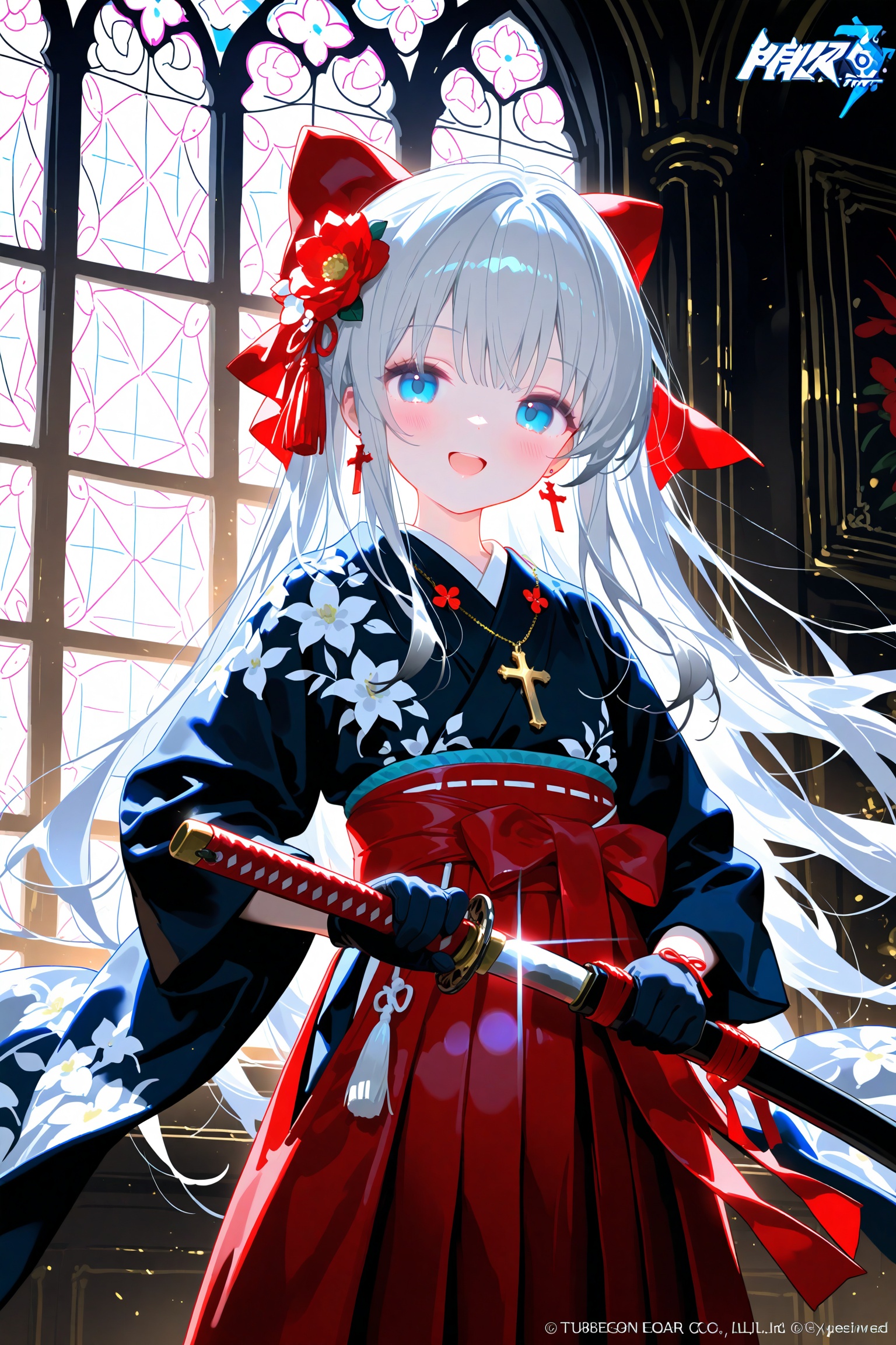 acid,loli,1girl,solo,weapon,blue eyes,sword,long hair,hair ornament,gloves,japanese clothes,holding weapon,hair flower,flower,sheath,black gloves,holding,bow,looking at viewer,cross,holding sword,hair bow,unsheathing,kimono,smile,stained glass,glint,watermark,floral print,standing,indoors,wide sleeves,company name,open mouth,jewelry,long sleeves,hakama,skirt,holding sheath,grey hair,hakama skirt,red bow,gun,earrings,red skirt,sidelocks,katana,twitter username,cross earrings,cross necklace,:d,white hair,cowboy shot,sheathed,ribbon,hair intakes,holding gun,hair ribbon,very long hair,red hakama,necklace,copyright name,black kimono,tassel,sash,artist name,