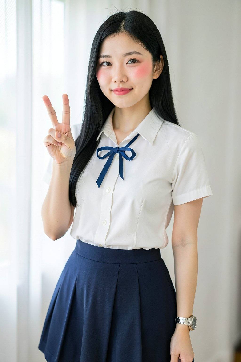 The image depicts a photograph of an Asian woman standing indoors in front of a window with white curtains. She has long,...