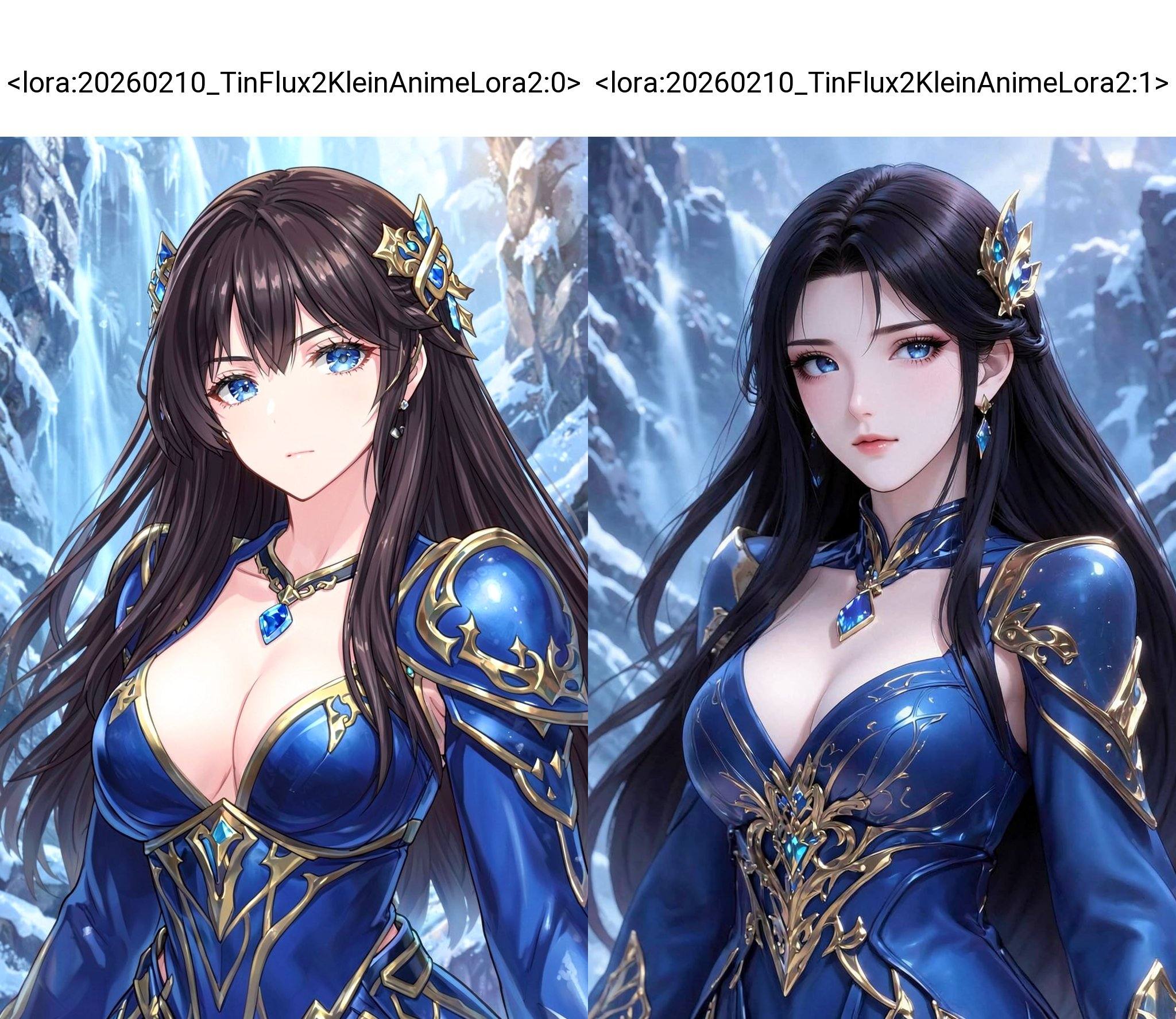 <lora:20260210_TinFlux2KleinAnimeLora2:0>, This is a highly detailed, digital anime-style artwork of a beautiful, young, fair-skinned woman with long, flowing, dark brown hair adorned with gold and blue ornate headpieces. She has striking, large blue eyes with a gentle, almost melancholic expression. She wears an elaborate, blue and gold armored outfit with a low-cut top that accentuates her ample cleavage, and a blue gemstone pendant at her collar. The background features a serene, icy landscape with cascading waterfalls and snow-covered rocks, adding a sense of fantasy and elegance to the scene. The lighting is soft, highlighting her flawless skin and the intricate details of her attire.