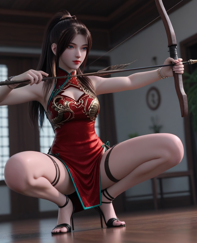 (oriental architecture, elegant decor, sophisticated style:1.1),(Crouching with arms outstretched, imitating a bird in flight, showing playfulness,:1.1),arrows,archery bow,bowstring,quiver,draw the bow,nock an arrow,draw and aim,arrow,weapon,(breasts:1.2),<lora:XL16龙蛇演艺唐紫尘:0.95>,miss tangzichen,red short qipao with embroidery,blue eyes,black hair,ponytail with hair over shoulder,cleavage cutout,red lips,bracelet,jewelry,thigh loops,black high-heeled sandals,, score_9,score_8_up,score_7_up,score_6_up,score_5_up,score_4_up,3d rendering,tag1,tag2, Cinematic Lighting,backlighting,