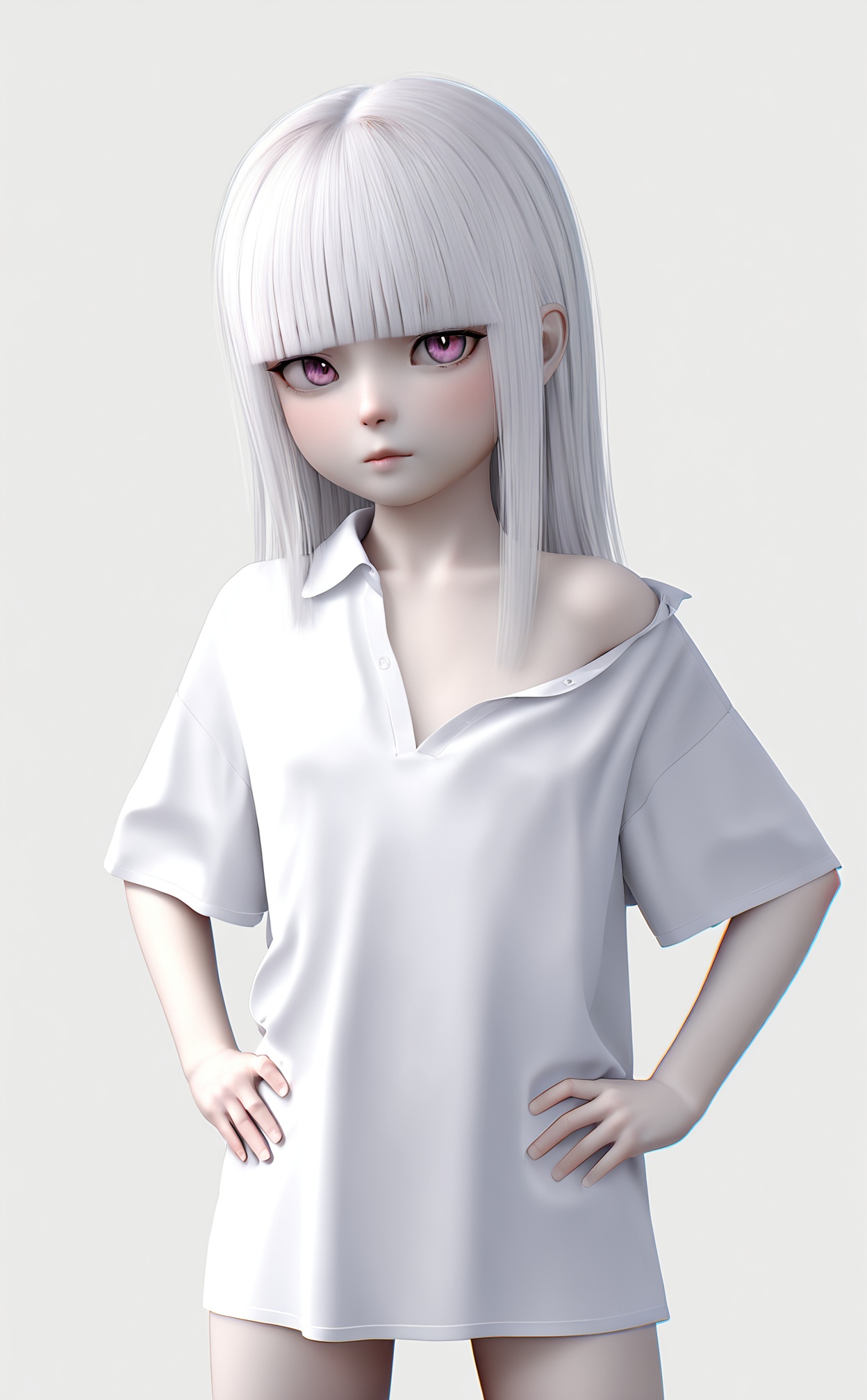 highres,newest,high quality,loli,petite,chromatic_aberration,//,1girl,white_background,simple_background,white hair,straight_hair,blunt bangs,oversized_shirt,white_shirt,collared_shirt,bare shoulders,untucked_shirt,hands_on_hips,cowboy_shot,white_skin,//,year_2023,year_2024,//,