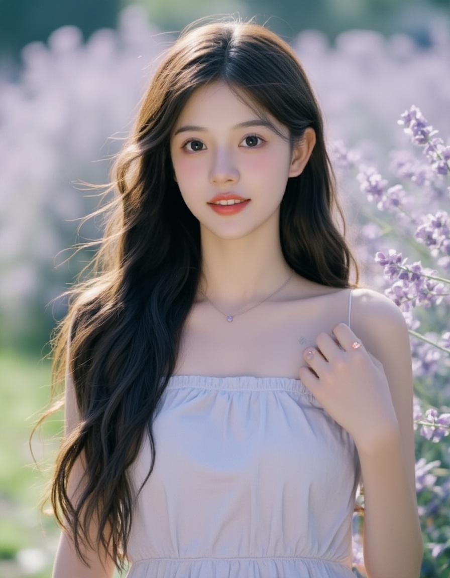 <lora:发丝发光:1>，,Retro movie style film photography,It is a close-up of a fair-skinned young woman with long black hair, standing in a blooming lavender garden. The purple flowers form a beautiful and fragrant background. She wore a light summer dress and a happy, serene smile. The background is soft and fuzzy with a cinematic quality that adds a touch of ethereal beauty and romance to the image.