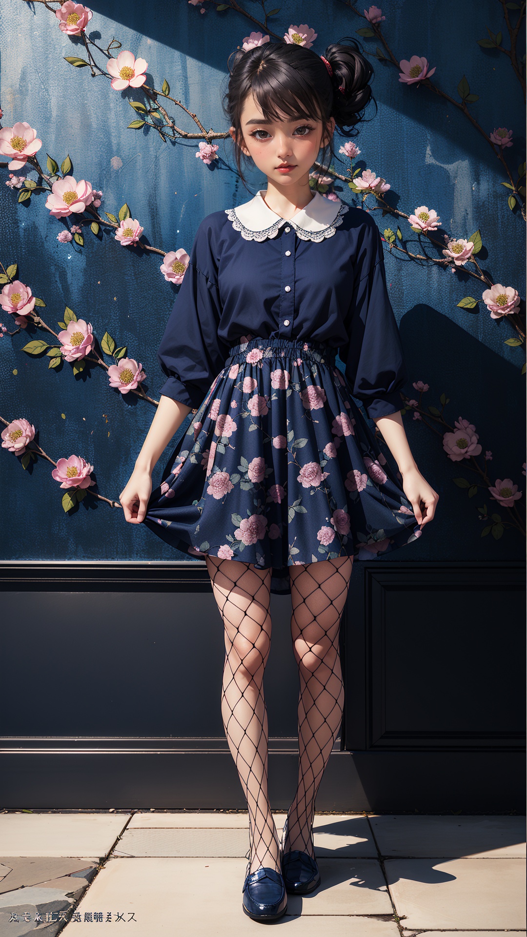 (tutututu),fishnet pantyhose,loafers, <lora:merged_0002:1>,anime opening,(1girl),solo,a dreamscape aesthetic in Cobalt blue theme atmosphere,mosaic background,happy,floral,(wallpaper style),movie trailer,cinematic,screencap,still shot,true perception,comfortable,