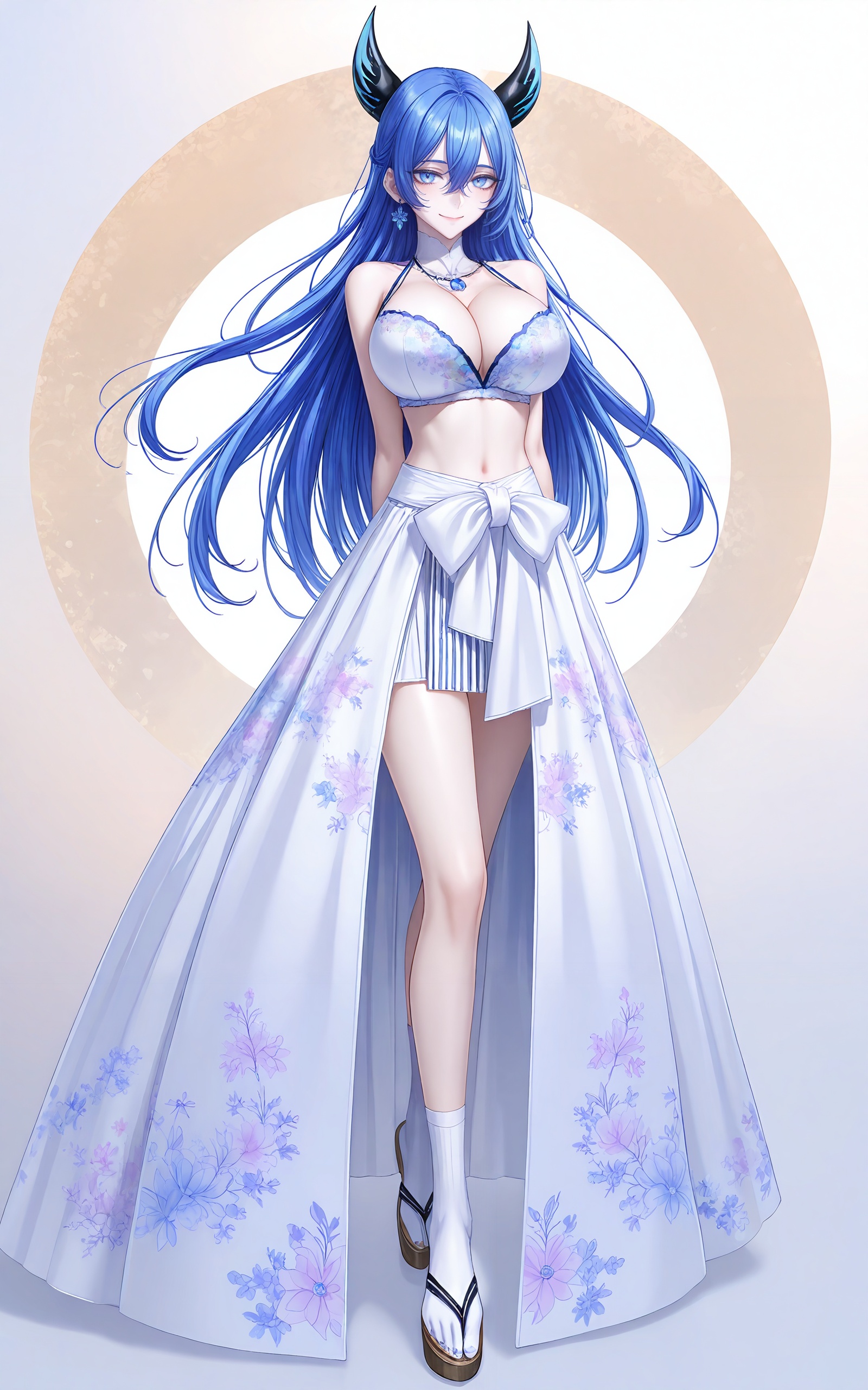 <lora:雪女ill0.047:0.7>,xuenv,1girl,breasts,blue hair,long hair,solo,sandals,horns,cleavage,sitting,looking at viewer,full body,navel,skirt,blue eyes,socks,huge breasts,very long hair,bra,legs,smile,see-through,arm support,bare shoulders,white socks,crossed legs,floral print,underwear,toes,large breasts,close-up details,outstanding style,adding a touch of dimension to your images without compromising details,whirls of vapor,iridescent textures,(Anime:1.1),ethereal ambiance,delicate details,magical high-concept,32K UHD,sharp focus,best-quality,masterpiece,golden hour,unconventional supreme masterpiece,masterful details,temperate atmosphere,with a high-end texture,in the style of fashion photography,photography,cover,dynamic angle,dynamic posture,(artist:quasarcake:0.8),extreme aesthetic,(wlop:0.6),(honjou raita, lack, rella:0.5, wanke),masterpiece,best quality,good quality,very aesthetic,absurdres,visual impact,a shot with tension,ultra-high resolution,32K UHD,sharp focus,best-quality,masterpiece,emotionalization,unconventional supreme masterpiece,masterful details,temperate atmosphere,with a high-end texture,in the style of fashion photography,(visual impact:1.2),giving the poster a dynamic and visually striking appearance,impactful picture,official art,colorful,splash of color,movie perspective,masterpiece,best quality,amazing quality,very aesthetic,absurdres,best quality,newest,