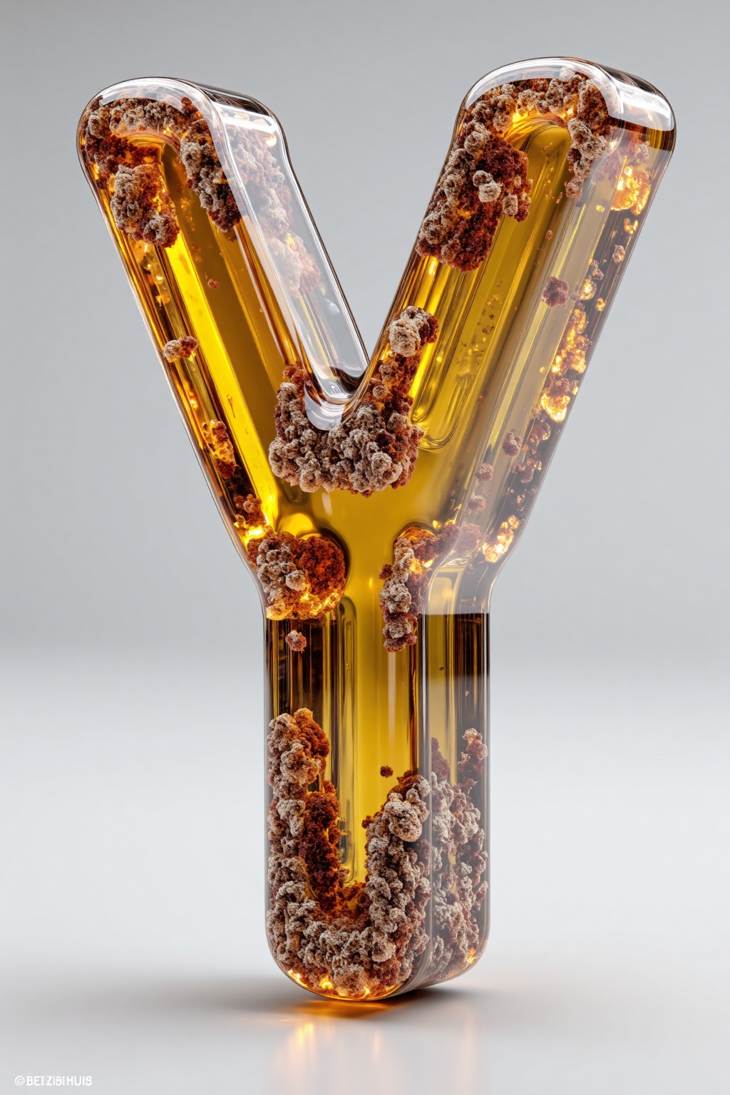 beijihui,The image shows a transparent, three-dimensional letter "Y" **** of a glass-**** material. The letter is filled with a liquid that appears to be a brownish-golden color, creating a dynamic and fluid effect. The liquid is swirling and bubbling, giving the letter a sense of movement and depth. The background is a plain, light gray surface that contrasts with the vivid colors of the letter and the liquid inside.