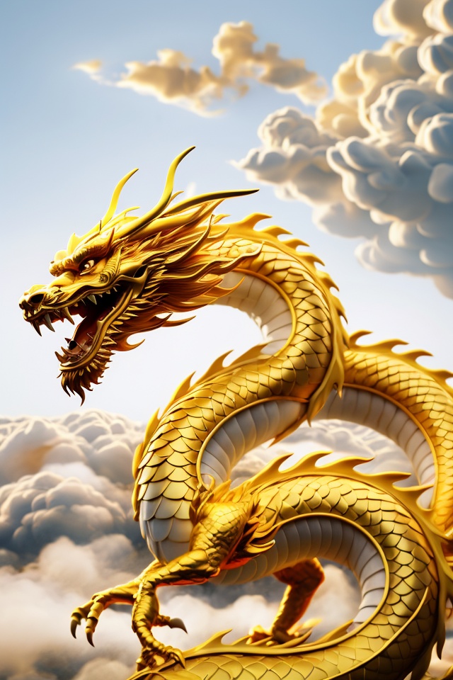 Chinese dragon, rich in details, scales, Smaug,flying in the clouds,jinse