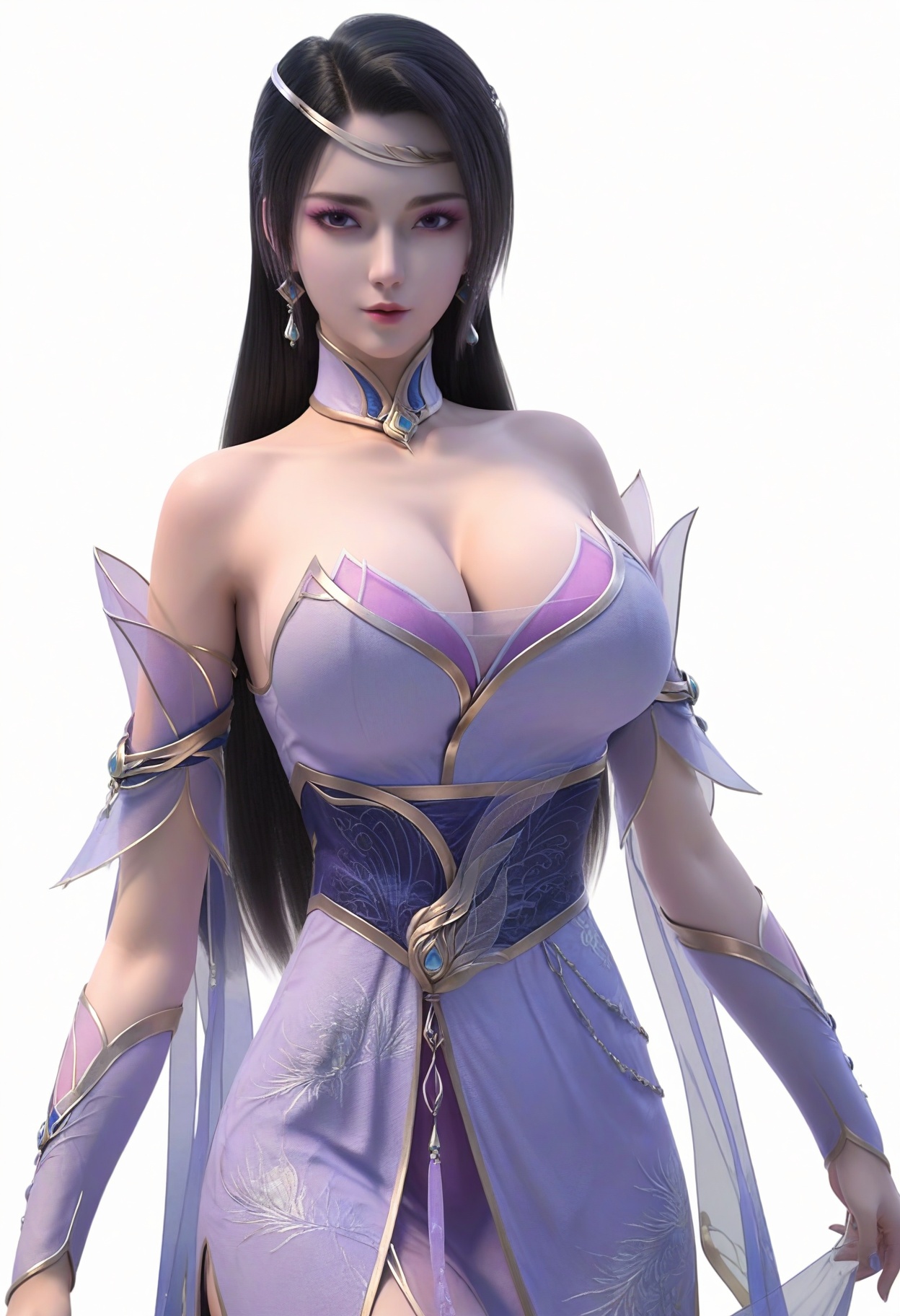 score_9,<lora:SF_ChuLingYu_Pony_Realism2.3-000004:0.7>,hair ornament,black hair,dress,long hair,eyeshadow,1girl,breasts,large breasts,dress,detached sleeves,solo,looking at viewer,white background,simple background,