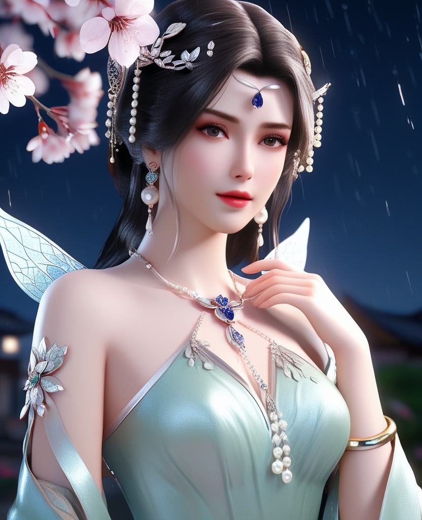 <lora:604-DA-XL-星辰变-姜立V2-新衣:0.8>(,1girl, ,best quality, ),looking at viewer, ,ultra detailed 8k cg, ultra detailed background,  ultra realistic 8k cg,          cinematic lighting, cinematic bloom, (( , )),,  , unreal, science fiction,  luxury, jewelry, diamond, pearl, gem, sapphire, ruby, emerald, intricate detail, delicate pattern, charming, alluring, seductive, erotic, enchanting, hair ornament, necklace, earrings, bracelet, armlet,halo,masterpiece, (( , )),,  ,cherry blossoms,(((, night,night sky,,  ultra high res, (photorealistic:1.4), raw photo, 1girl, , rain, sweat, ,wet, )))(( , ))   (cleavage), (),